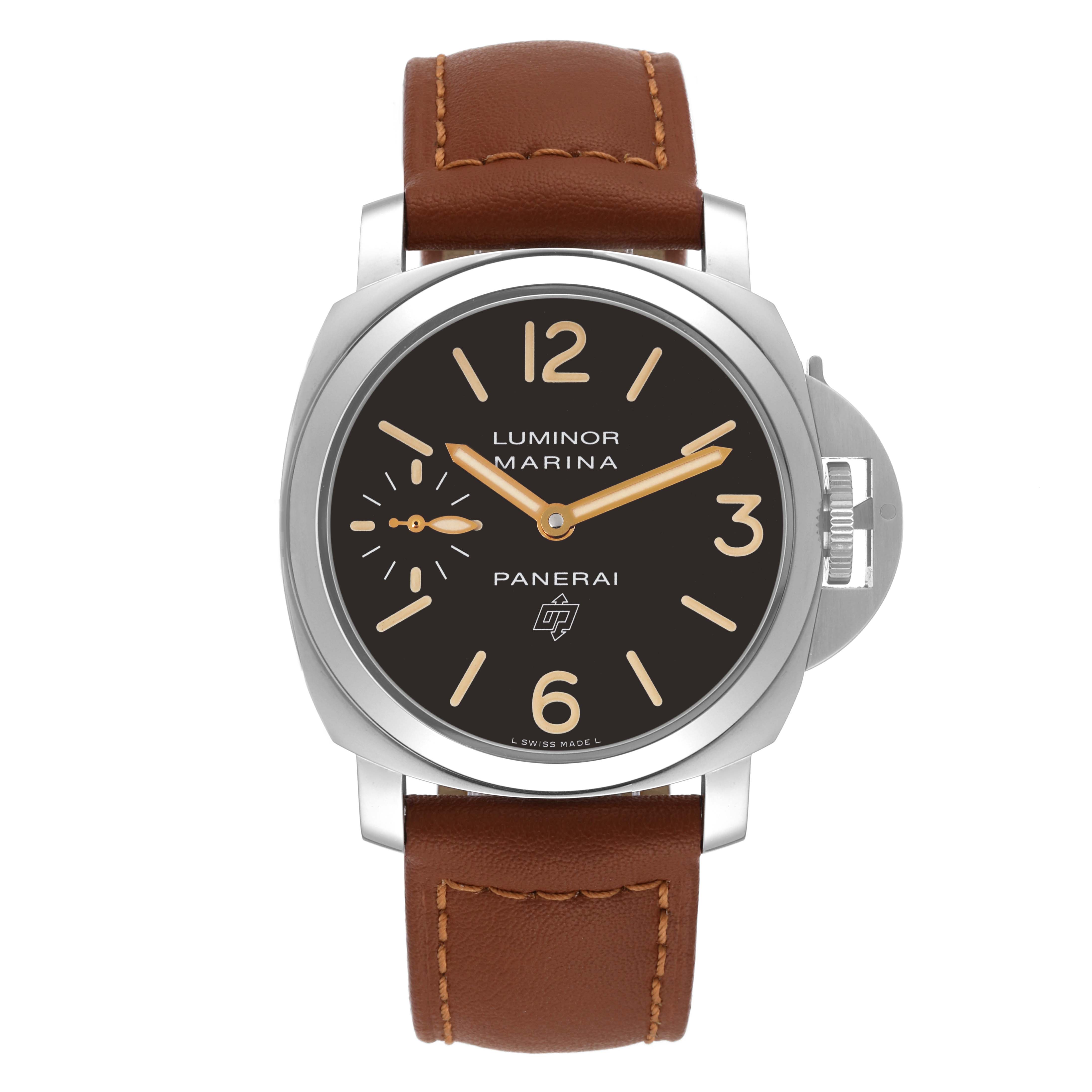 The image shows a front view of a Panerai Luminor PAM00632 Men
s Stainless Steel Brown Dial PAM00632 Men
s Stainless Steel Brown Dial watch with a brown leather strap and a black dial.