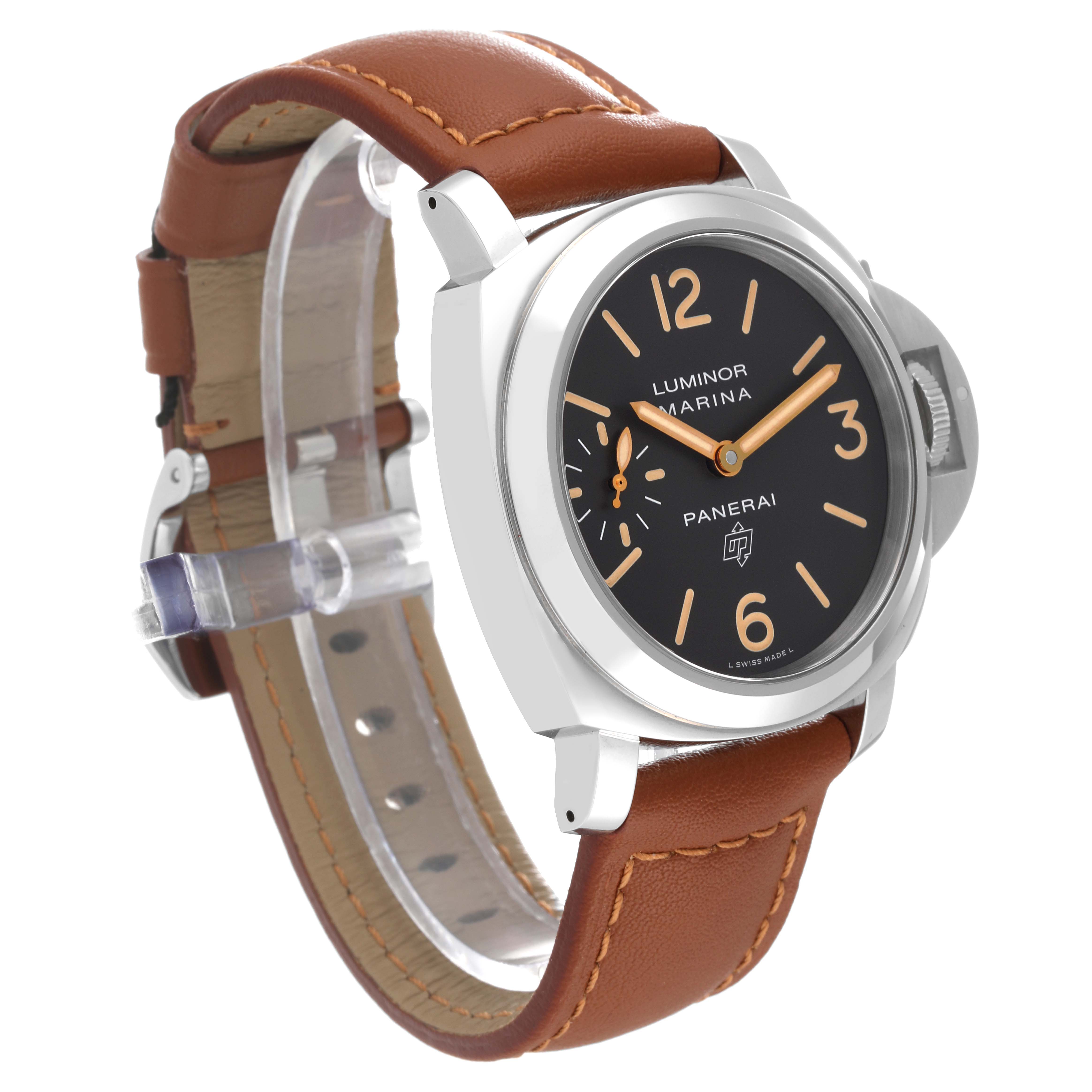 This image shows a Panerai Luminor PAM00632 Men
s Stainless Steel Brown Dial PAM00632 Men
s Stainless Steel Brown Dial watch from a three-quarter angle, displaying its dial, case, and brown leather strap.