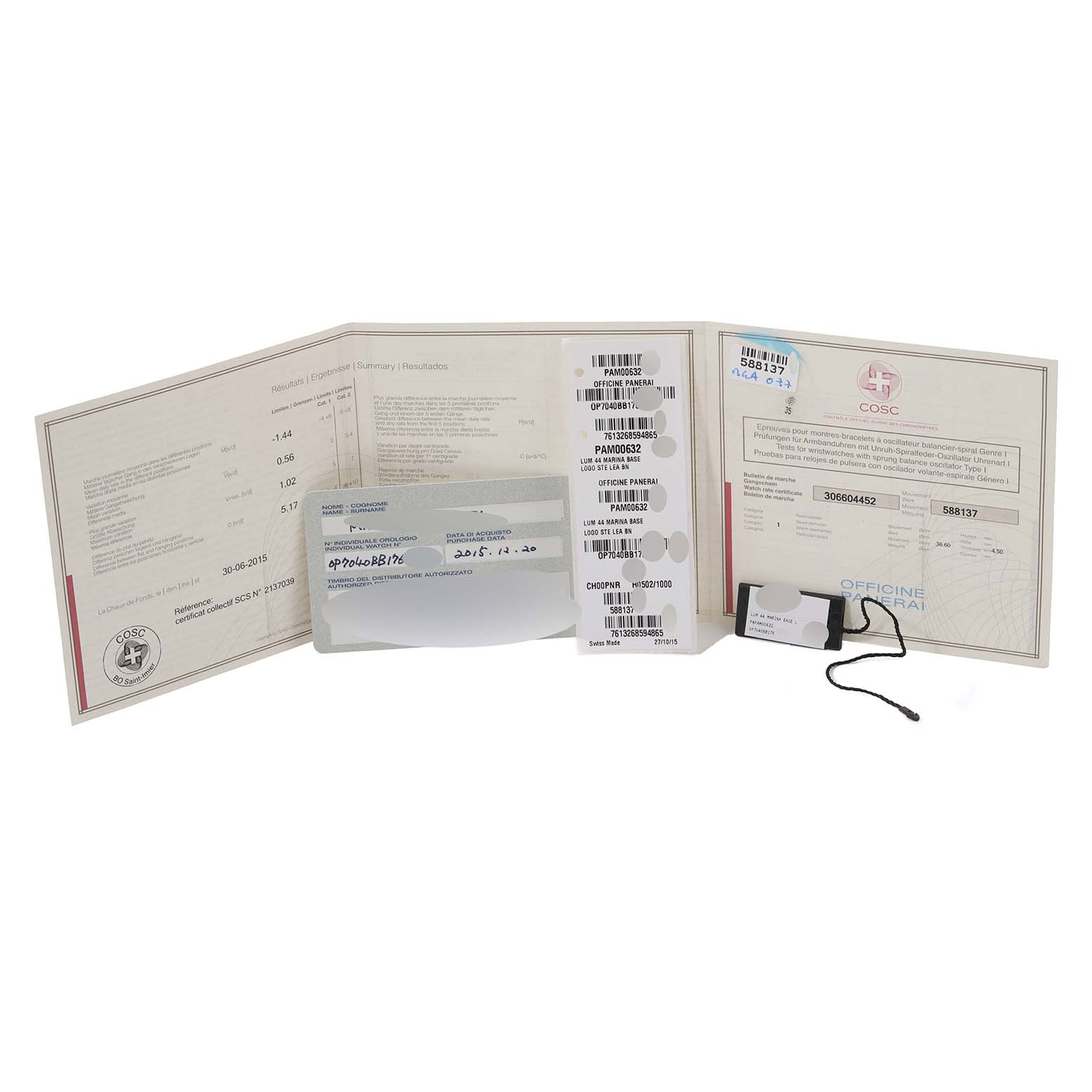 The image shows documentation and tags for a Panerai Luminor PAM00632 Men
s Stainless Steel Brown Dial PAM00632 Men
s Stainless Steel Brown Dial model, including certificates and an Best Quality
ation card.