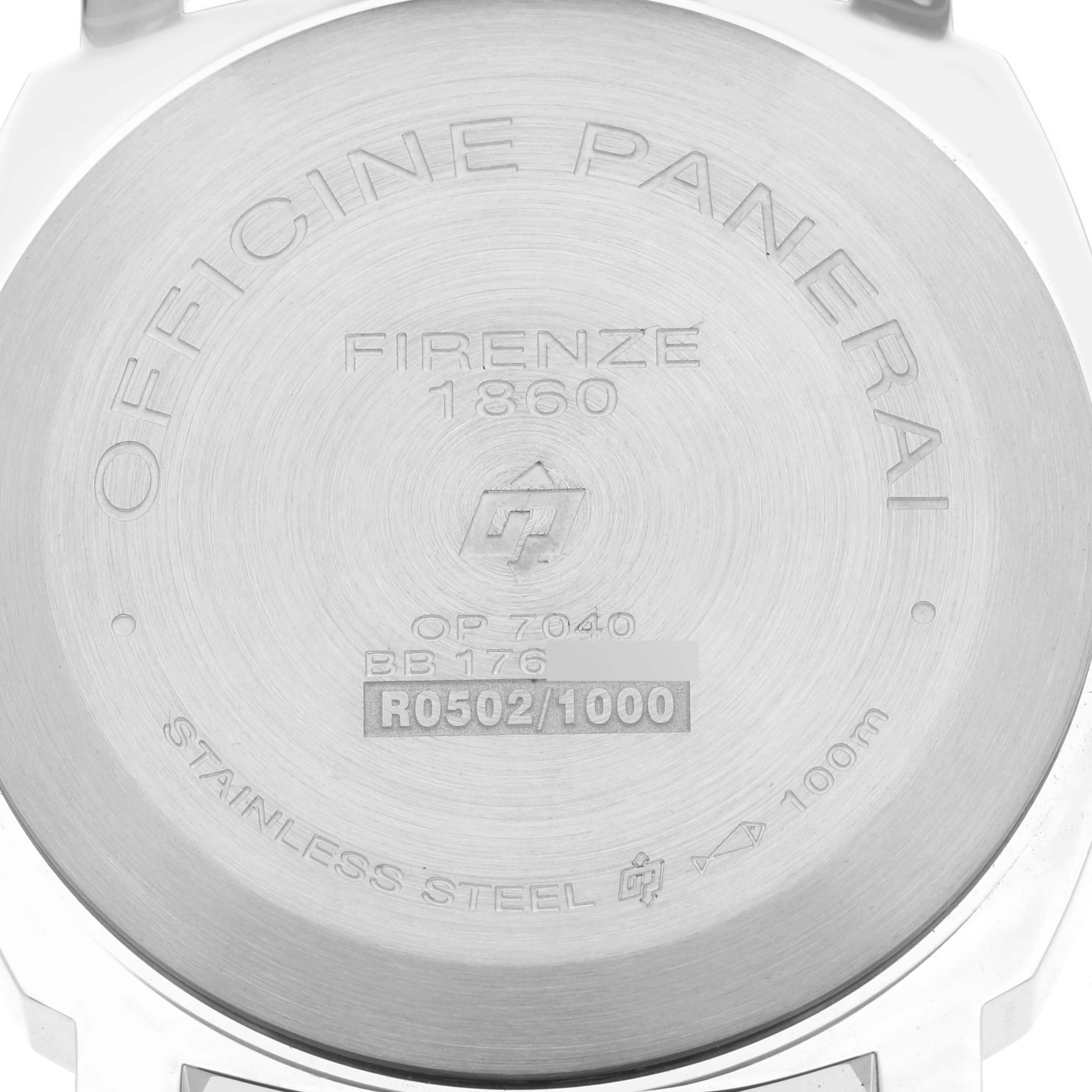 This image shows the case back of a Panerai Luminor PAM00632 Men
s Stainless Steel Brown Dial PAM00632 Men
s Stainless Steel Brown Dial watch, highlighting engraving details and model information.