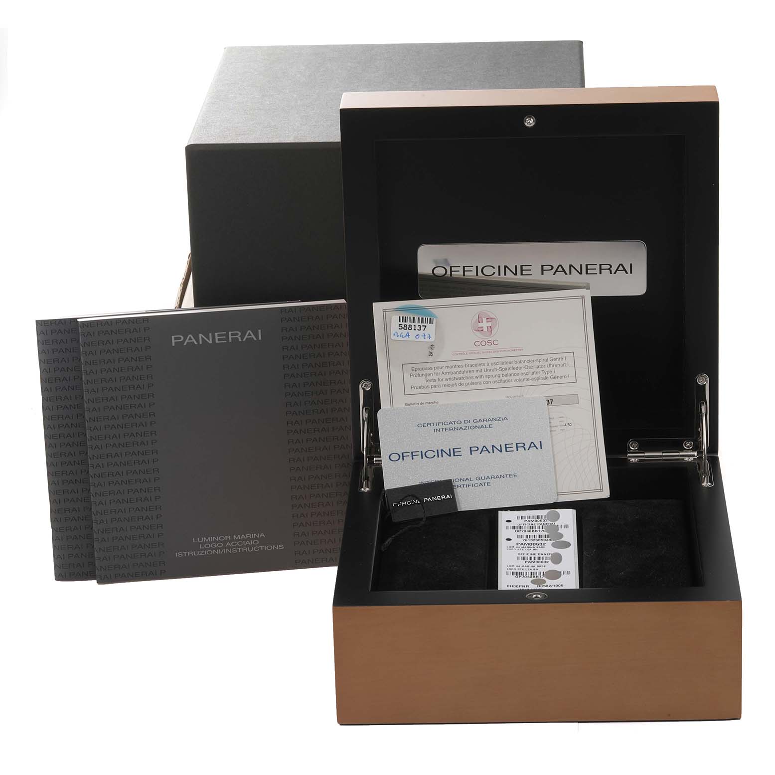 This image shows the packaging and certification documents for a Panerai Luminor PAM00632 Men
s Stainless Steel Brown Dial PAM00632 Men
s Stainless Steel Brown Dial watch, including the box and instruction manual.