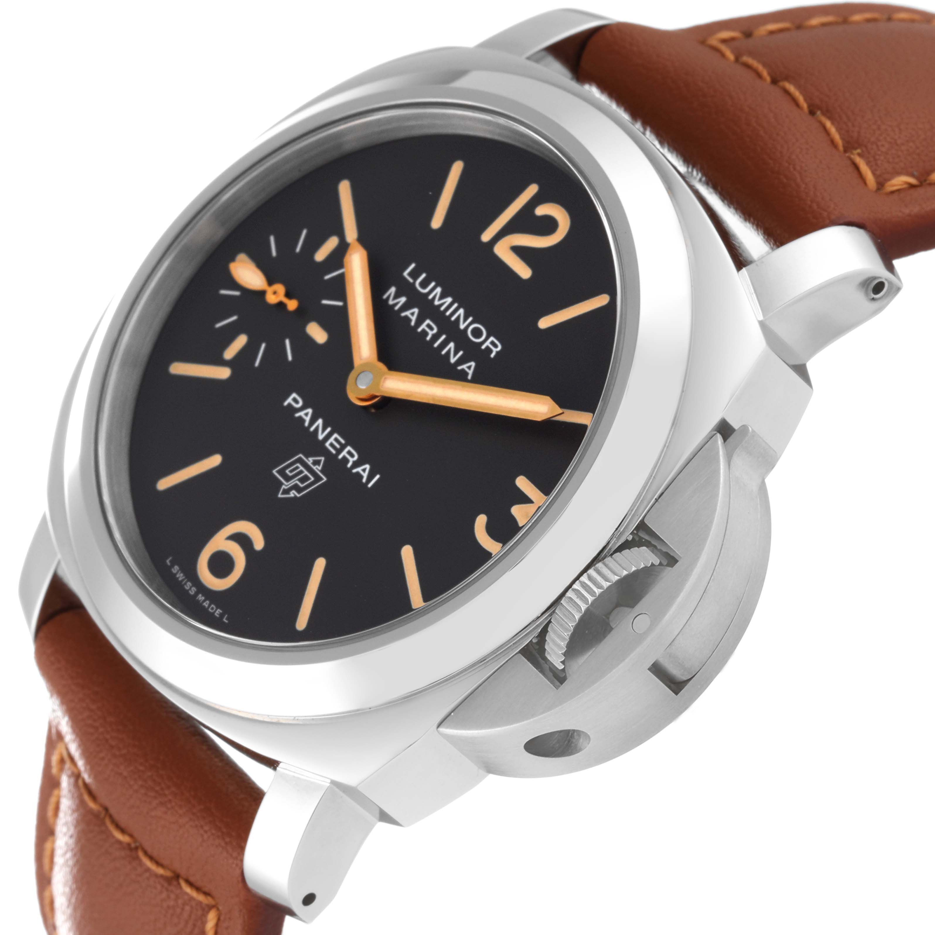 This image shows a Panerai Luminor PAM00632 Men
s Stainless Steel Brown Dial PAM00632 Men
s Stainless Steel Brown Dial model watch at an angle highlighting its dial, case, and crown guard, with a brown leather strap.
