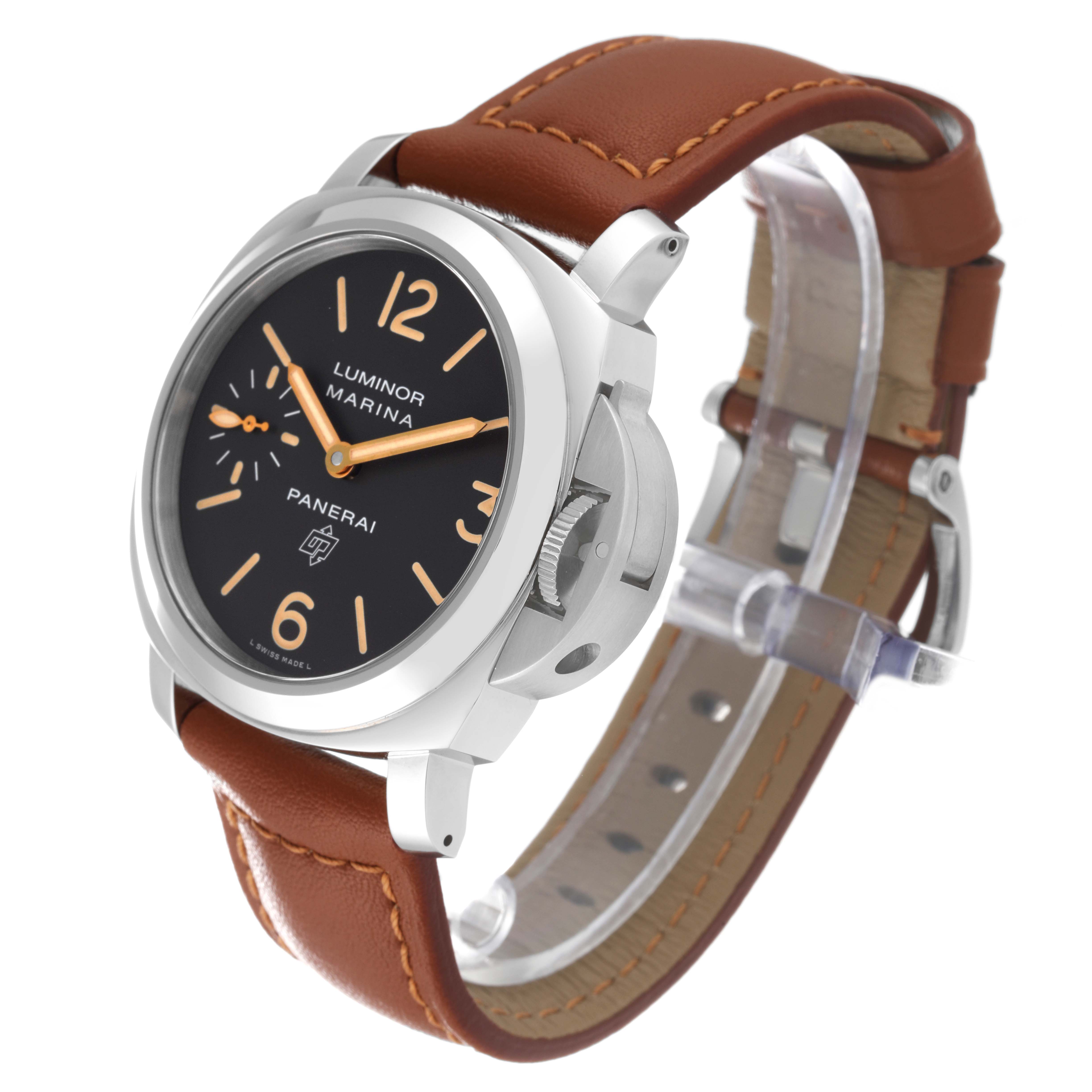 The image shows a Panerai Luminor PAM00632 Men
s Stainless Steel Brown Dial PAM00632 Men
s Stainless Steel Brown Dial Marina watch at a three-quarter angle, displaying the dial, case, and leather strap.
