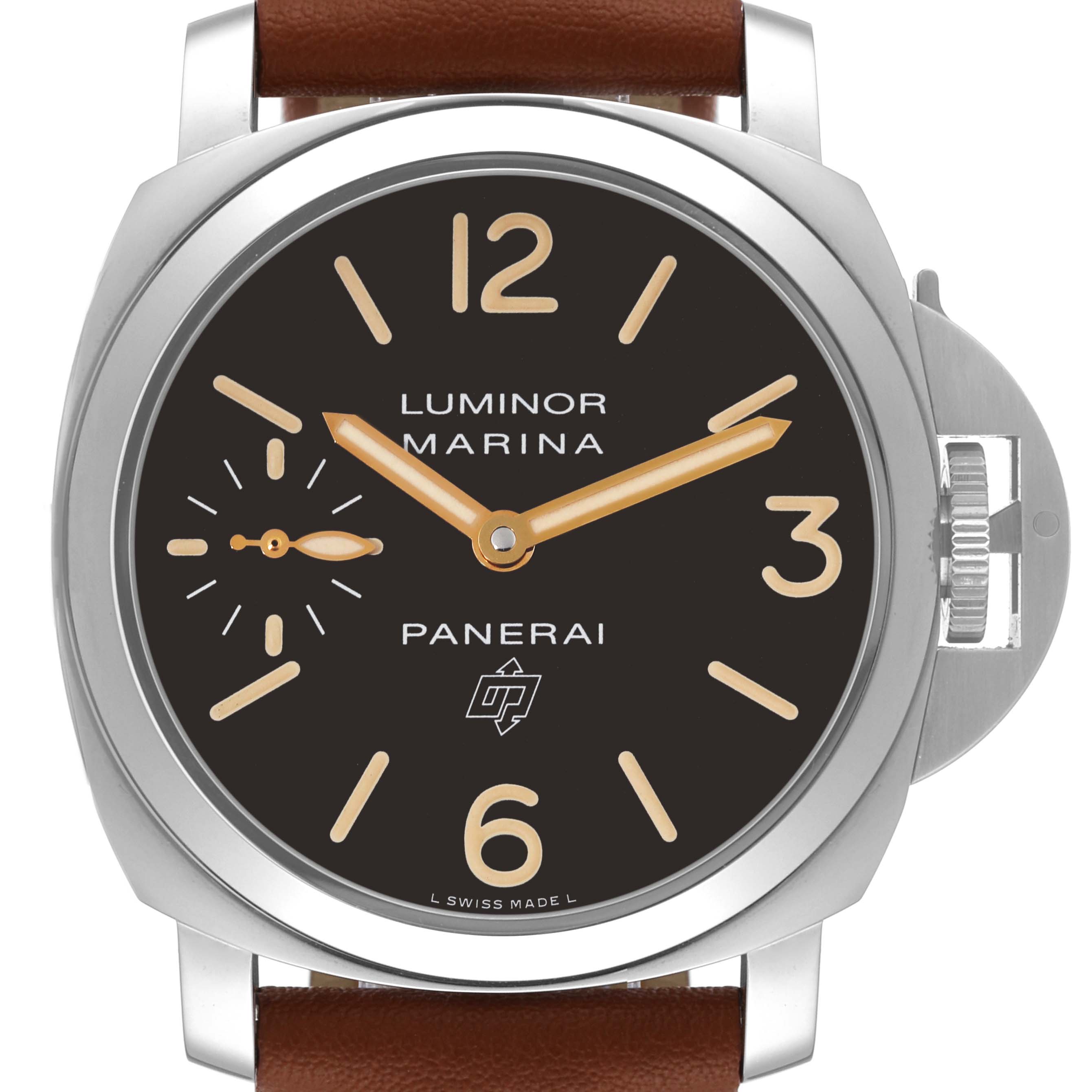 The image shows a front view of the Panerai Luminor PAM00632 Men
s Stainless Steel Brown Dial PAM00632 Men
s Stainless Steel Brown Dial Marina watch displaying its dial, case, crown, and part of the leather strap.