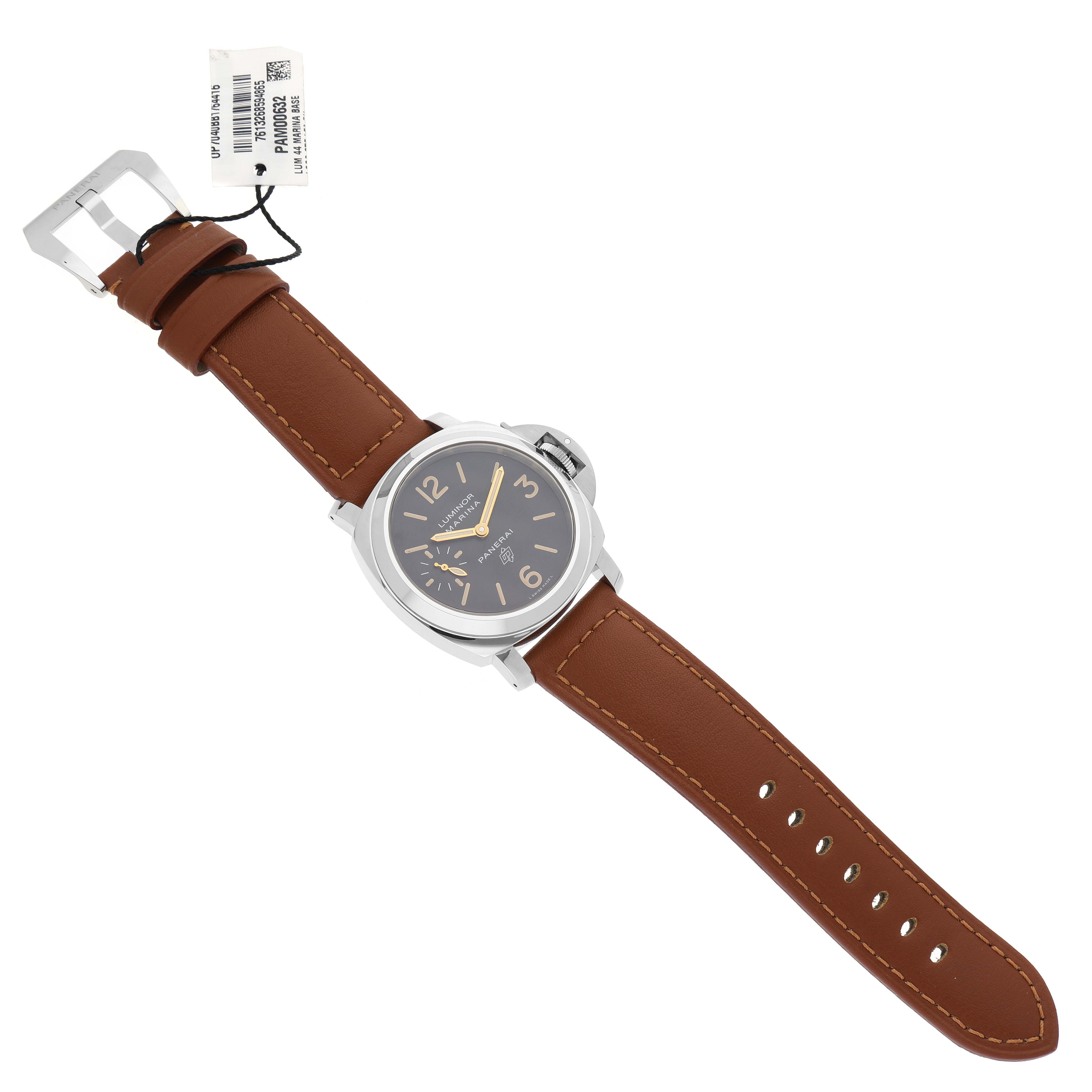 The image shows the front angle of a Panerai Luminor PAM00632 Men
s Stainless Steel Brown Dial PAM00632 Men
s Stainless Steel Brown Dial watch with a brown leather strap.