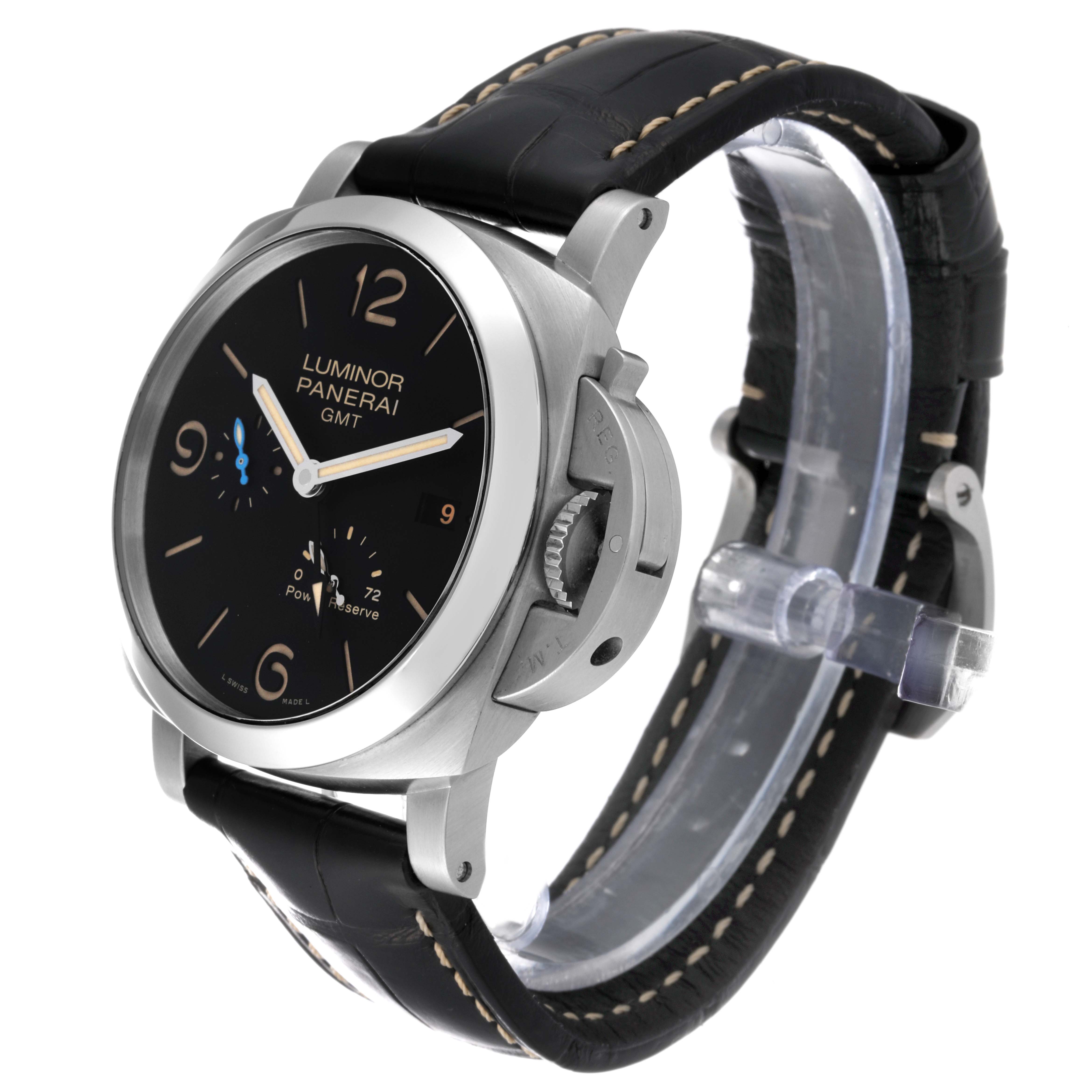 This Panerai Luminor PAM01321 Men
s Stainless Steel Black Dial PAM01321 Men
s Stainless Steel Black Dial GMT watch is shown from a front-side angle, showcasing its dial, crown guard, and strap.