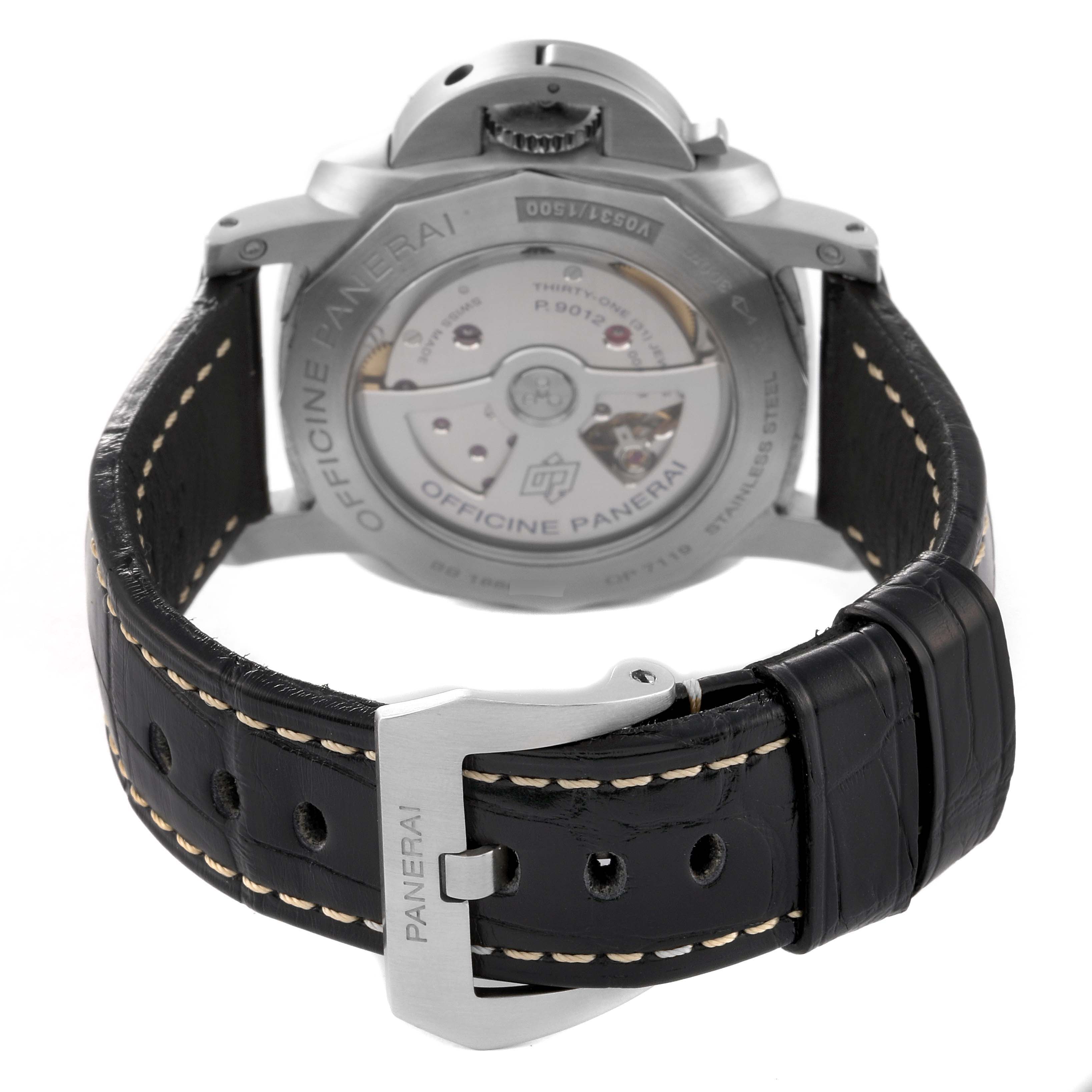 The image shows the back of a Panerai Luminor PAM01321 Men
s Stainless Steel Black Dial PAM01321 Men
s Stainless Steel Black Dial watch, highlighting its clasp, strap, and transparent case back with visible movement.