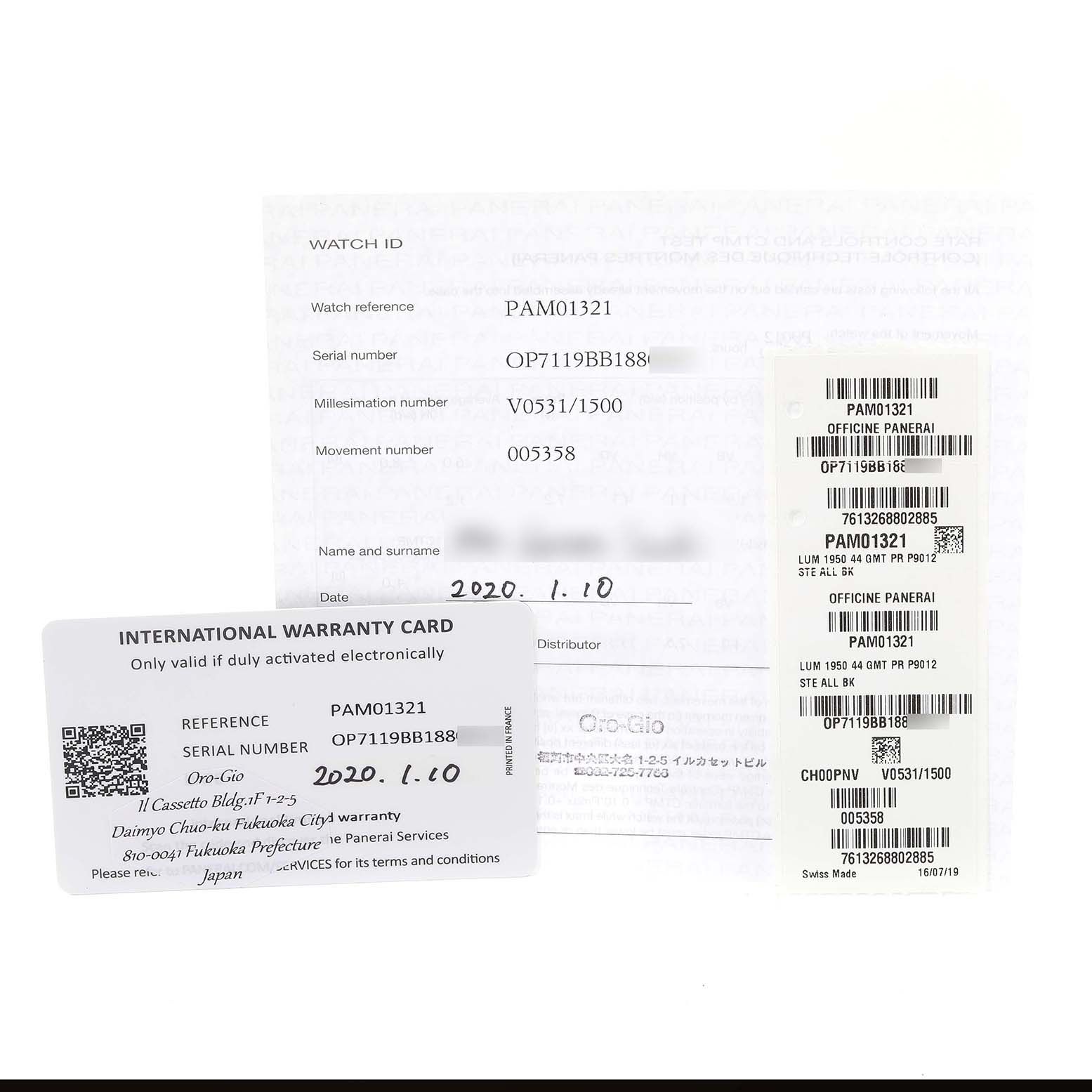 The image shows the warranty card, watch ID paper, and stickers for the Panerai Luminor PAM01321 Men
s Stainless Steel Black Dial PAM01321 Men
s Stainless Steel Black Dial model PAM01321.