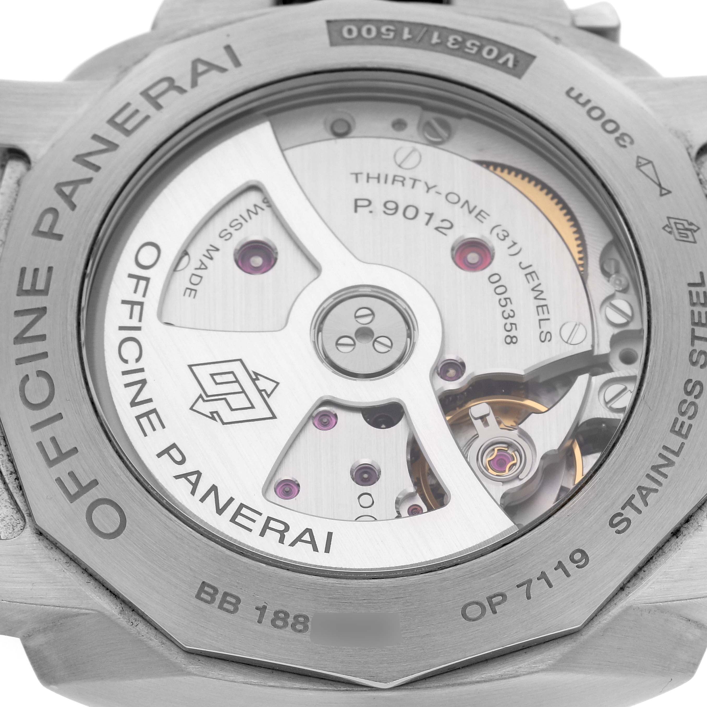 This image shows the back view of the Luminor model by Panerai, displaying its inner mechanical components.