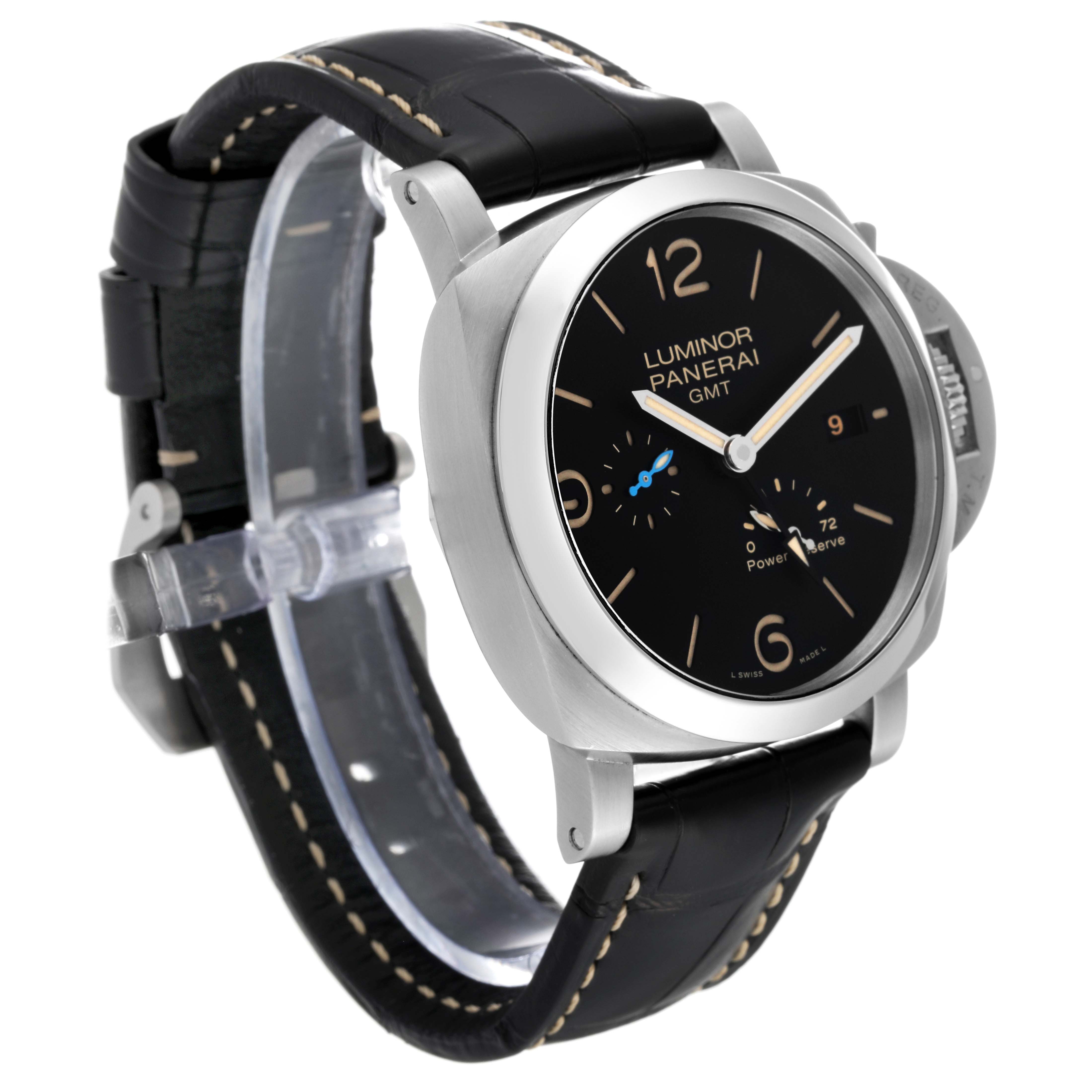 The image shows a Panerai Luminor PAM01321 Men
s Stainless Steel Black Dial PAM01321 Men
s Stainless Steel Black Dial watch from an angled view, highlighting its face, bezel, and leather strap.
