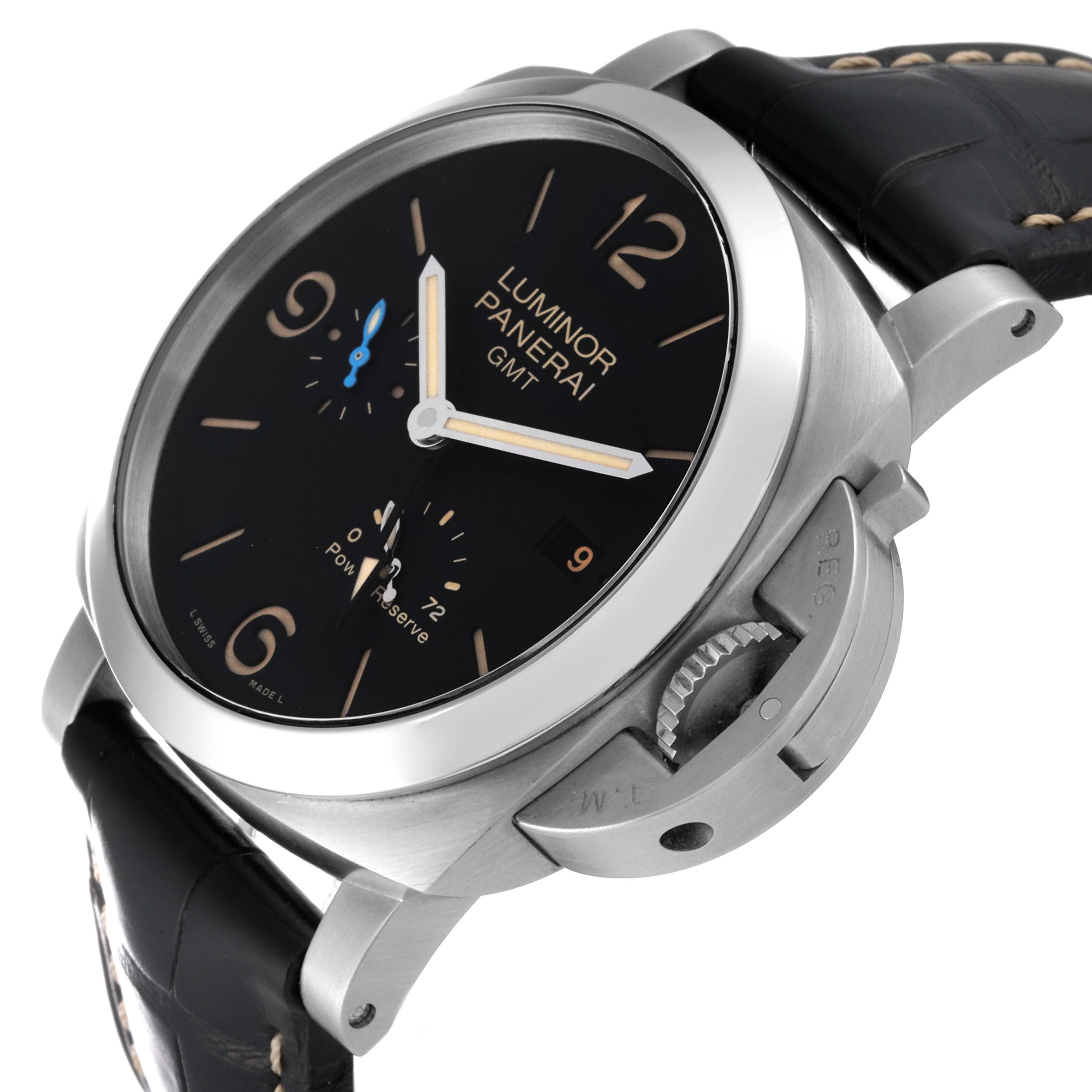 The image shows a Luminor Panerai GMT watch at an oblique angle, highlighting the dial, crown guard, and leather strap.