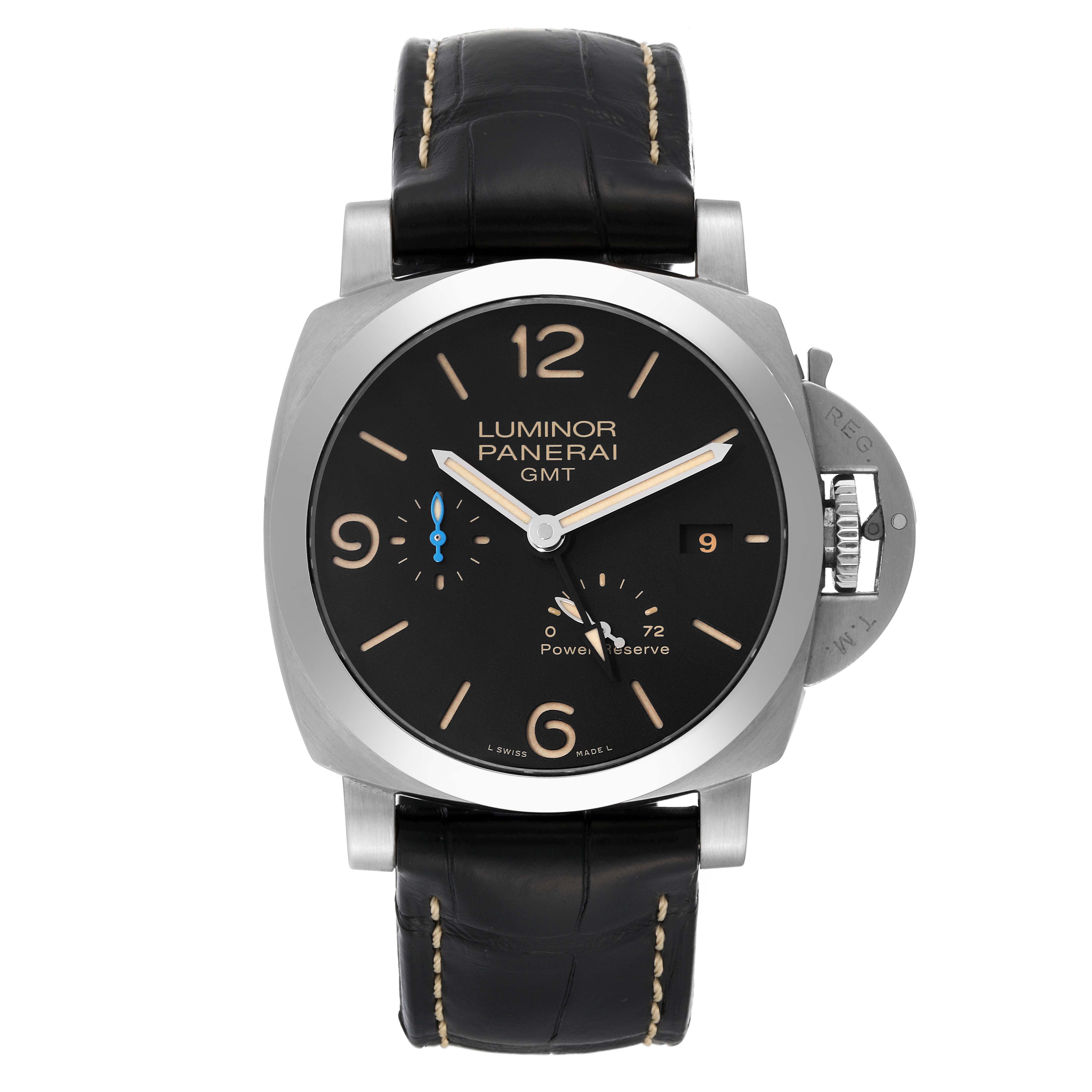 The image shows a frontal view of a Panerai Luminor PAM01321 Men
s Stainless Steel Black Dial PAM01321 Men
s Stainless Steel Black Dial watch, displaying the face, strap, and distinctive crown guard.