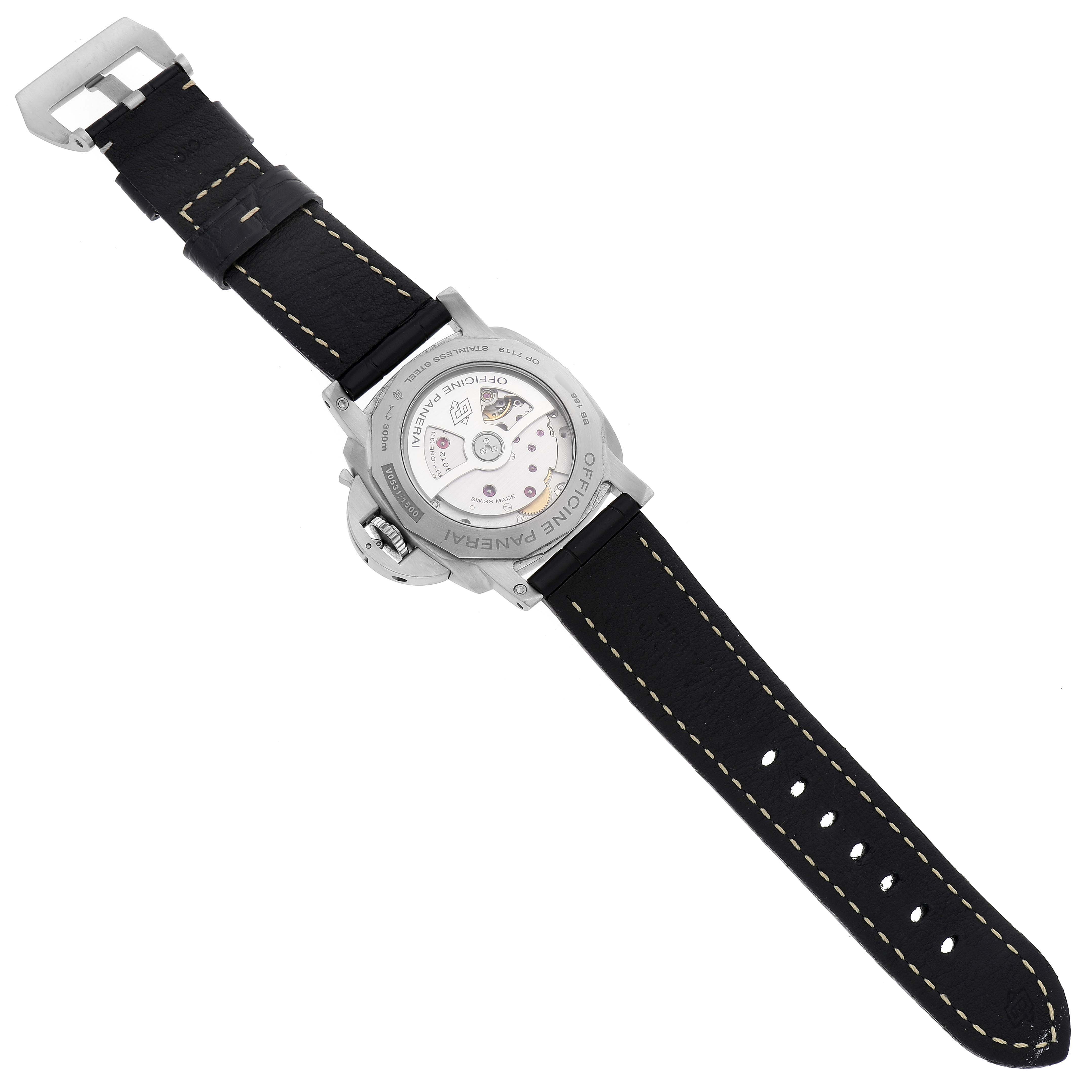 The image shows the back view of a Panerai Luminor PAM01321 Men
s Stainless Steel Black Dial PAM01321 Men
s Stainless Steel Black Dial watch, highlighting its movement and leather strap.