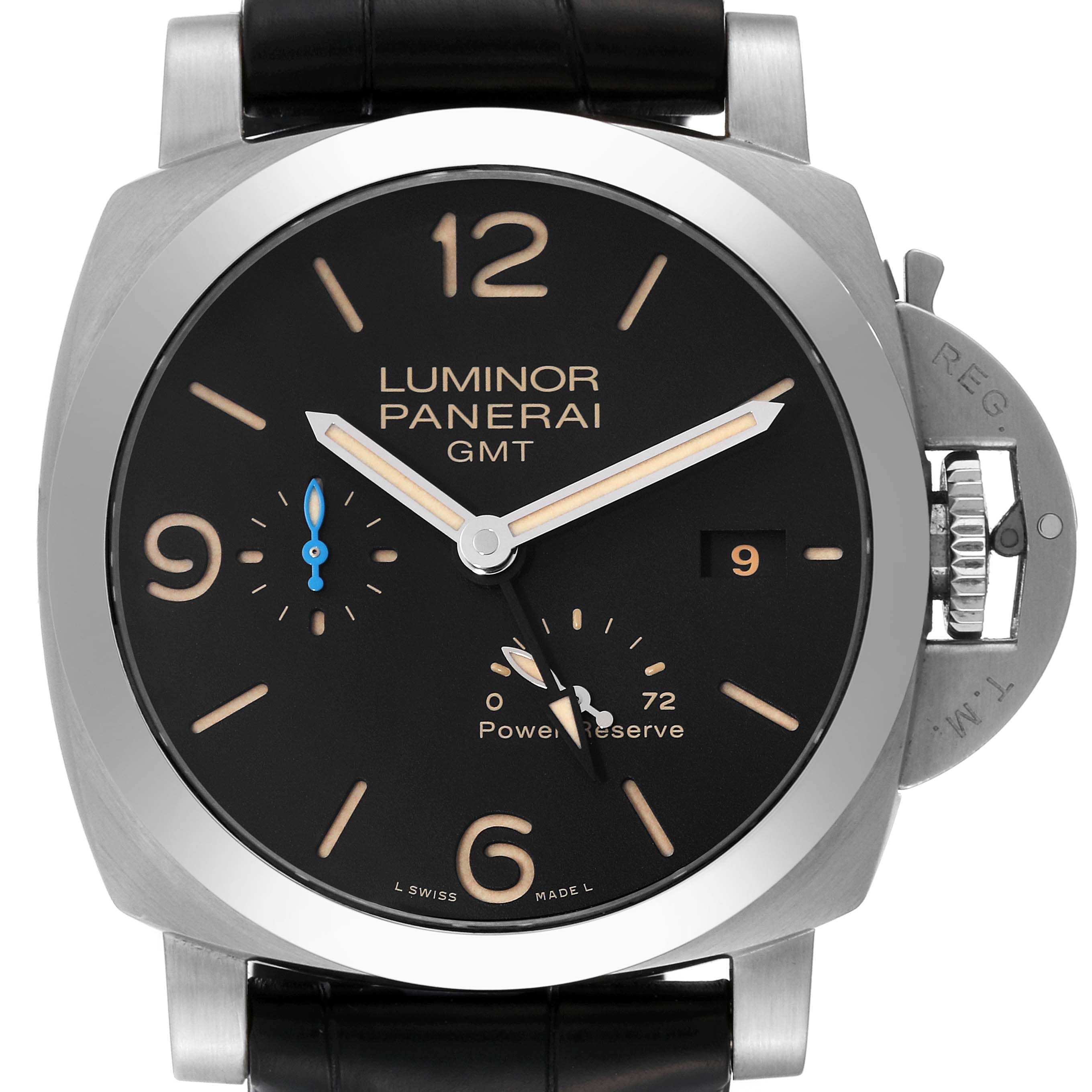 The image shows a front view of a Panerai Luminor PAM01321 Men
s Stainless Steel Black Dial PAM01321 Men
s Stainless Steel Black Dial GMT watch, displaying its dial, hands, and crown protector.