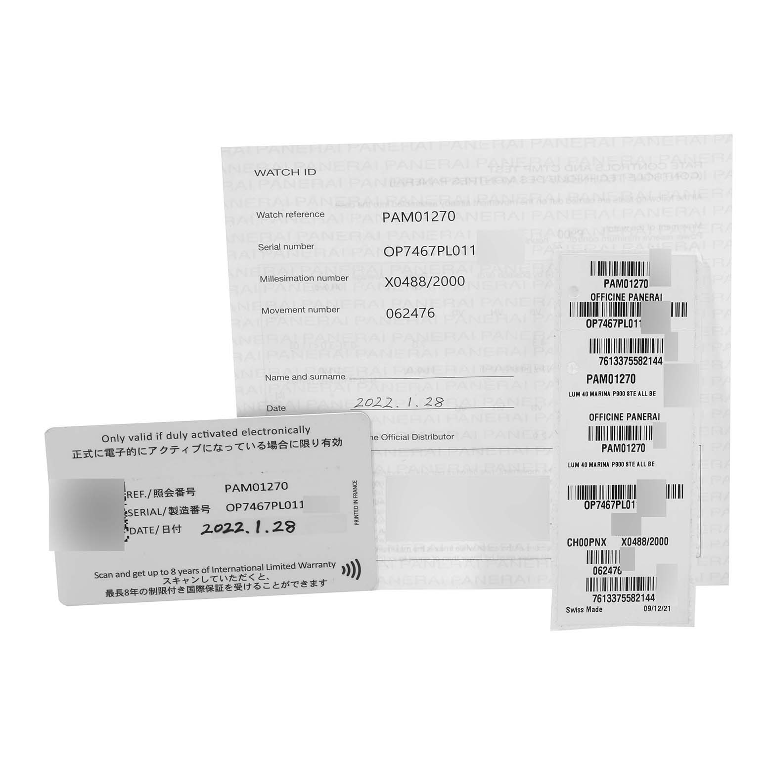 The image shows the warranty card, watch ID, serial numbers, and barcode stickers for the Panerai Luminor PAM01270 Men's Stainless Steel Blue Dial PAM01270 Men's Stainless Steel Blue Dial model PAM01270.