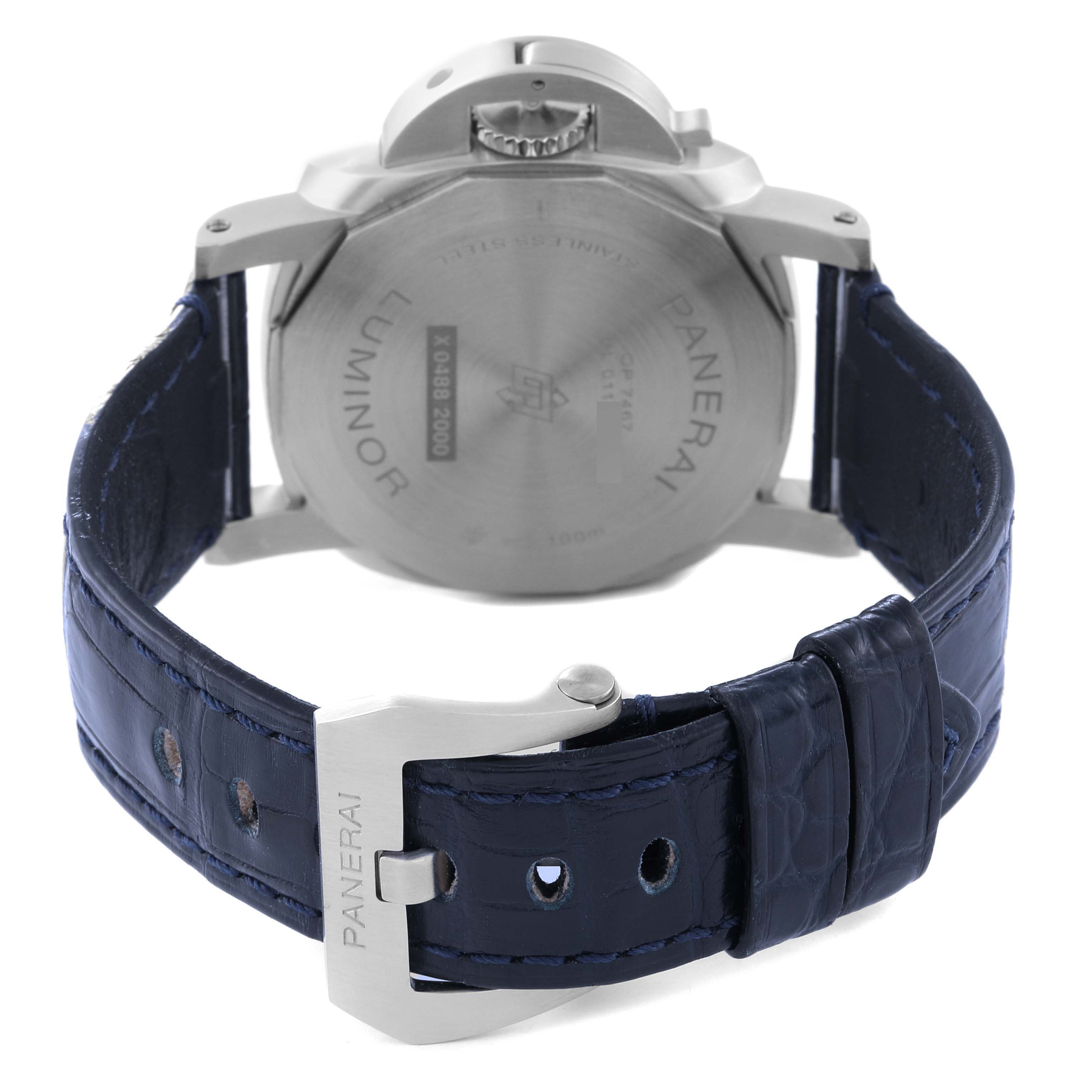 The image shows the back and strap of a Panerai Luminor PAM01270 Men's Stainless Steel Blue Dial PAM01270 Men's Stainless Steel Blue Dial watch from a rear angle.