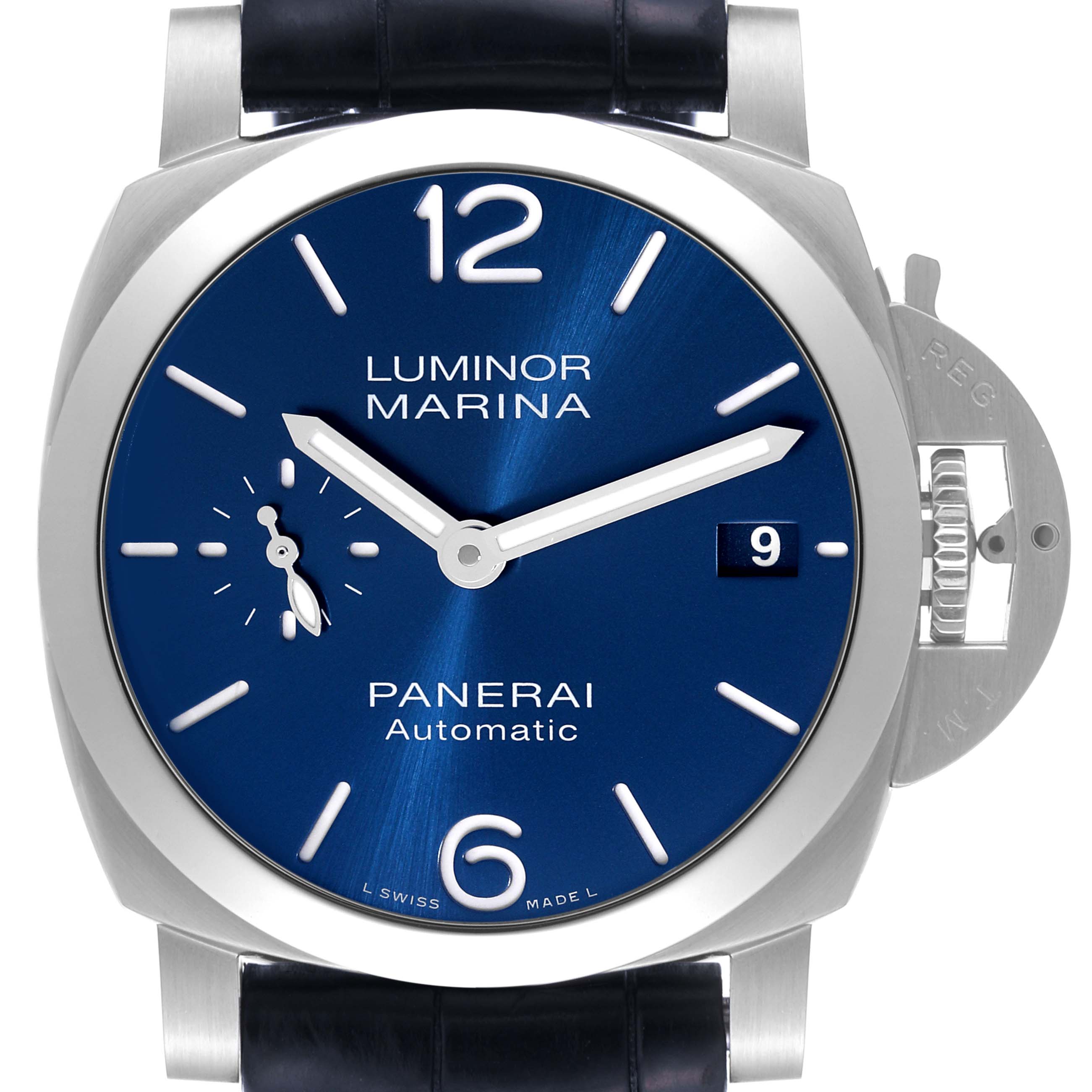 The image shows a front view of the Panerai Luminor PAM01270 Men's Stainless Steel Blue Dial PAM01270 Men's Stainless Steel Blue Dial Marina watch, highlighting its blue dial, date window, and crown guard lever.
