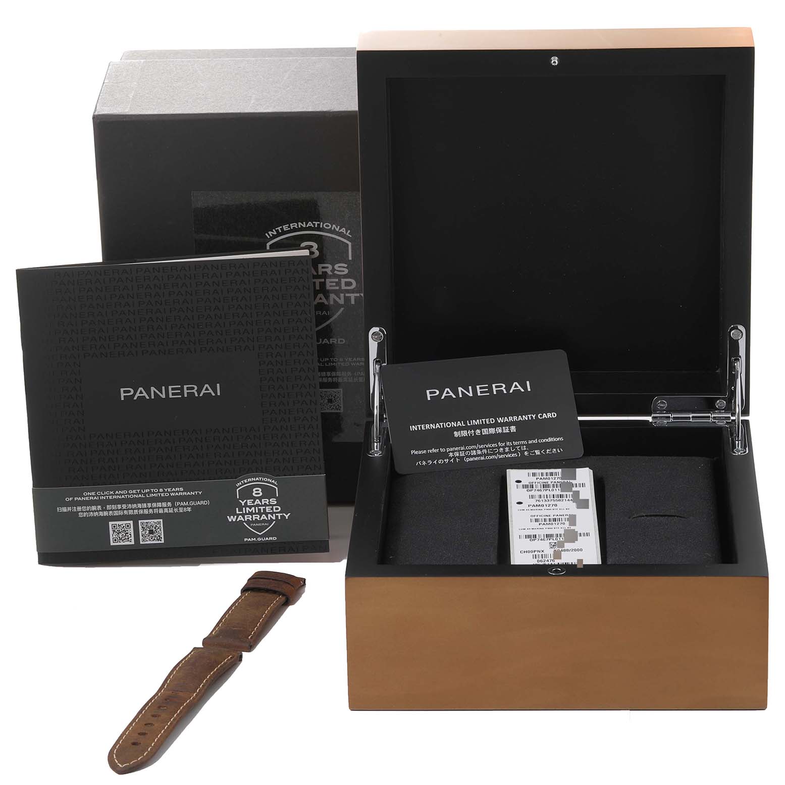 The image shows the Panerai Luminor PAM01270 Men's Stainless Steel Blue Dial PAM01270 Men's Stainless Steel Blue Dial watch packaging, including the box, warranty cards, booklet, and an additional strap.