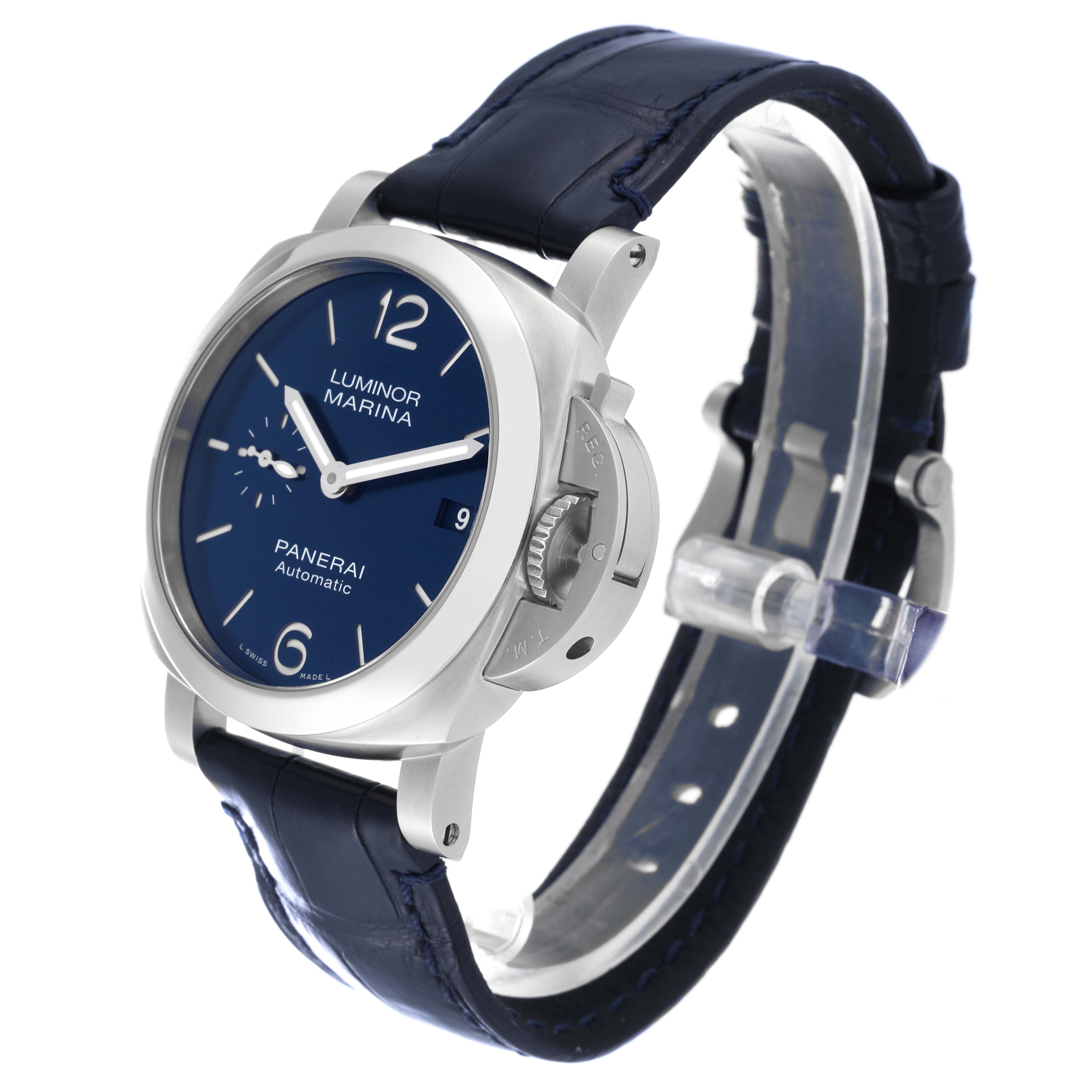 The image shows a side angle of the Panerai Luminor PAM01270 Men's Stainless Steel Blue Dial PAM01270 Men's Stainless Steel Blue Dial watch, highlighting the face, crown guard, and leather strap.