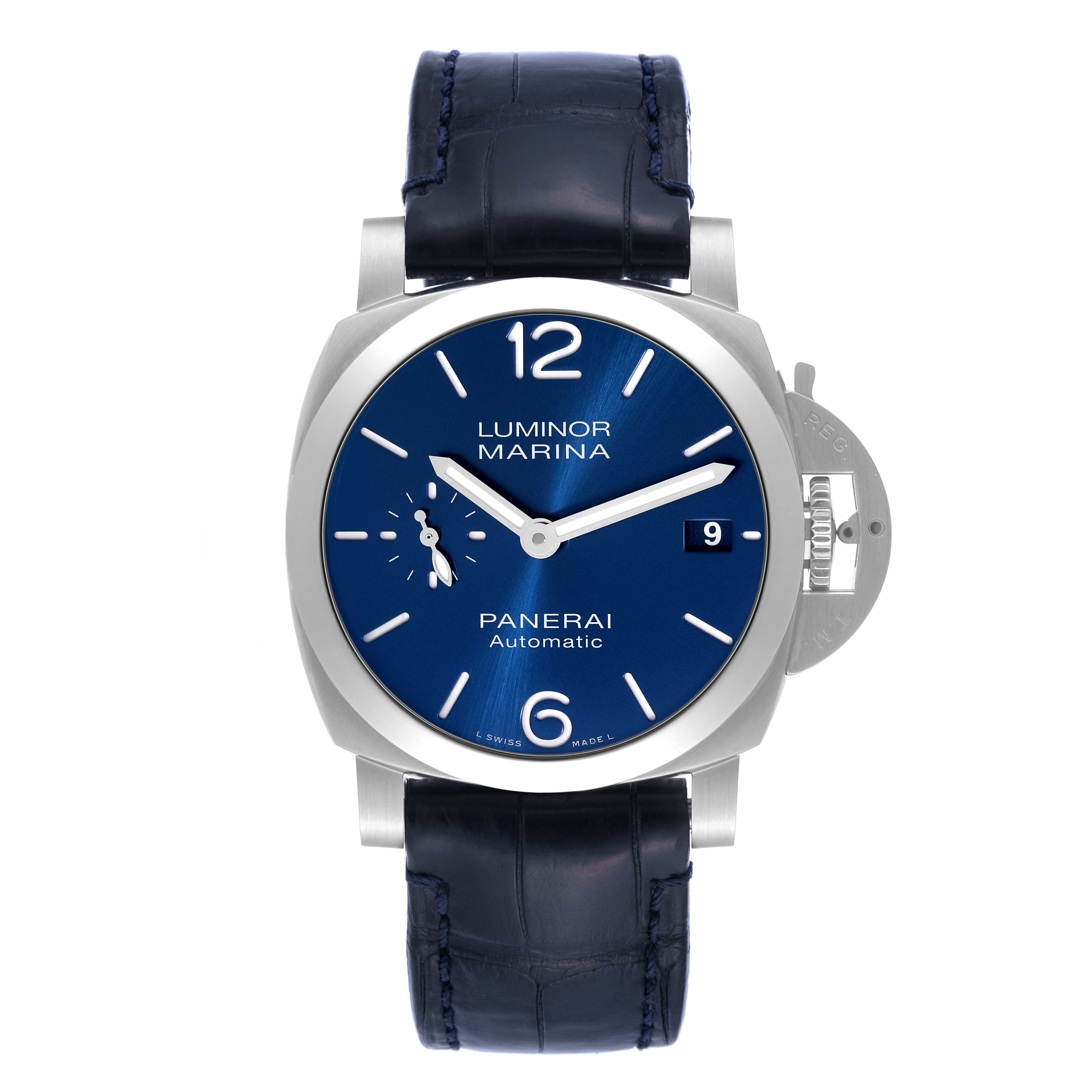 This image shows a front view of a Panerai Luminor PAM01270 Men's Stainless Steel Blue Dial PAM01270 Men's Stainless Steel Blue Dial Marina watch with a blue dial and leather strap.