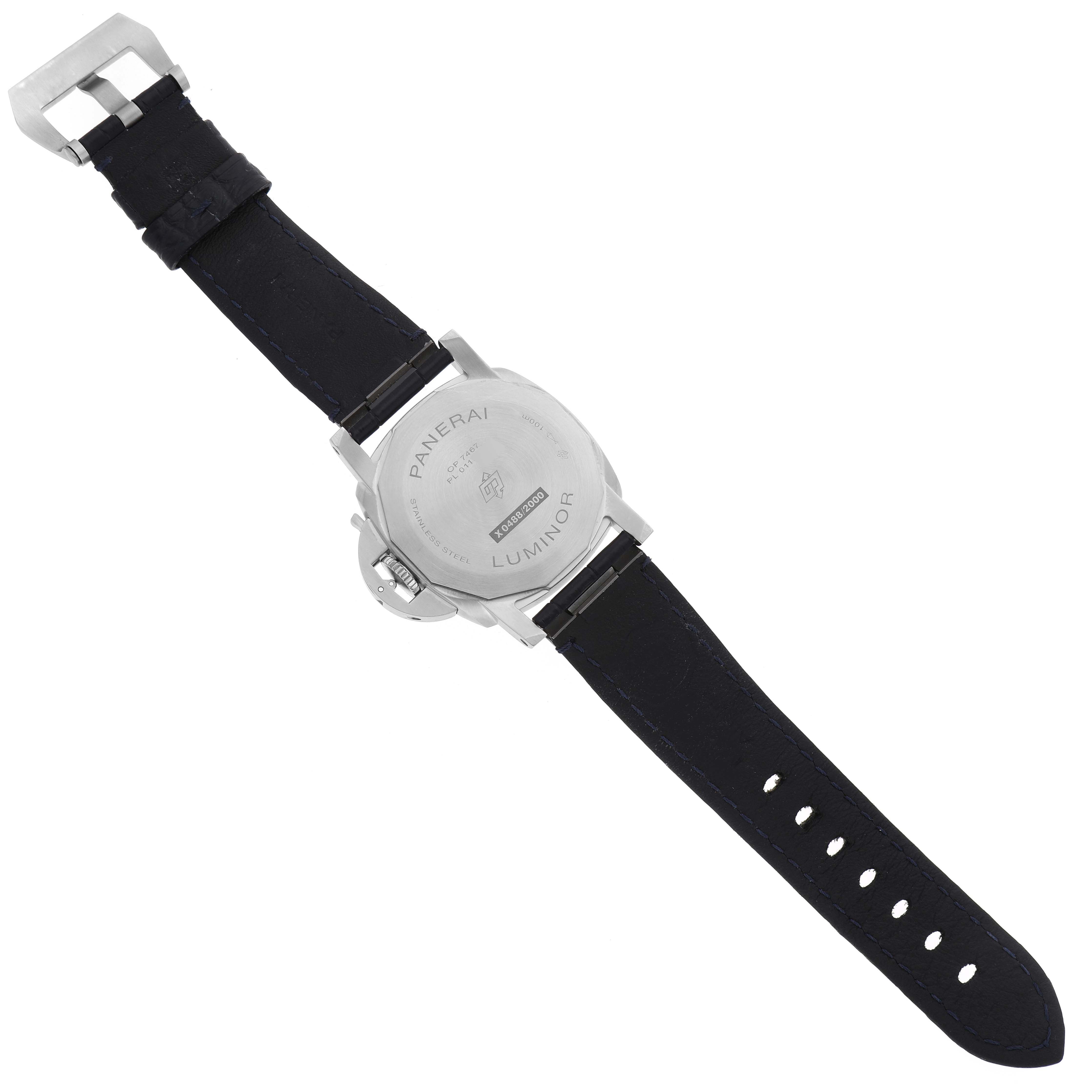 The image shows the back view of a Panerai Luminor PAM01270 Men's Stainless Steel Blue Dial PAM01270 Men's Stainless Steel Blue Dial watch, including the strap and buckle.