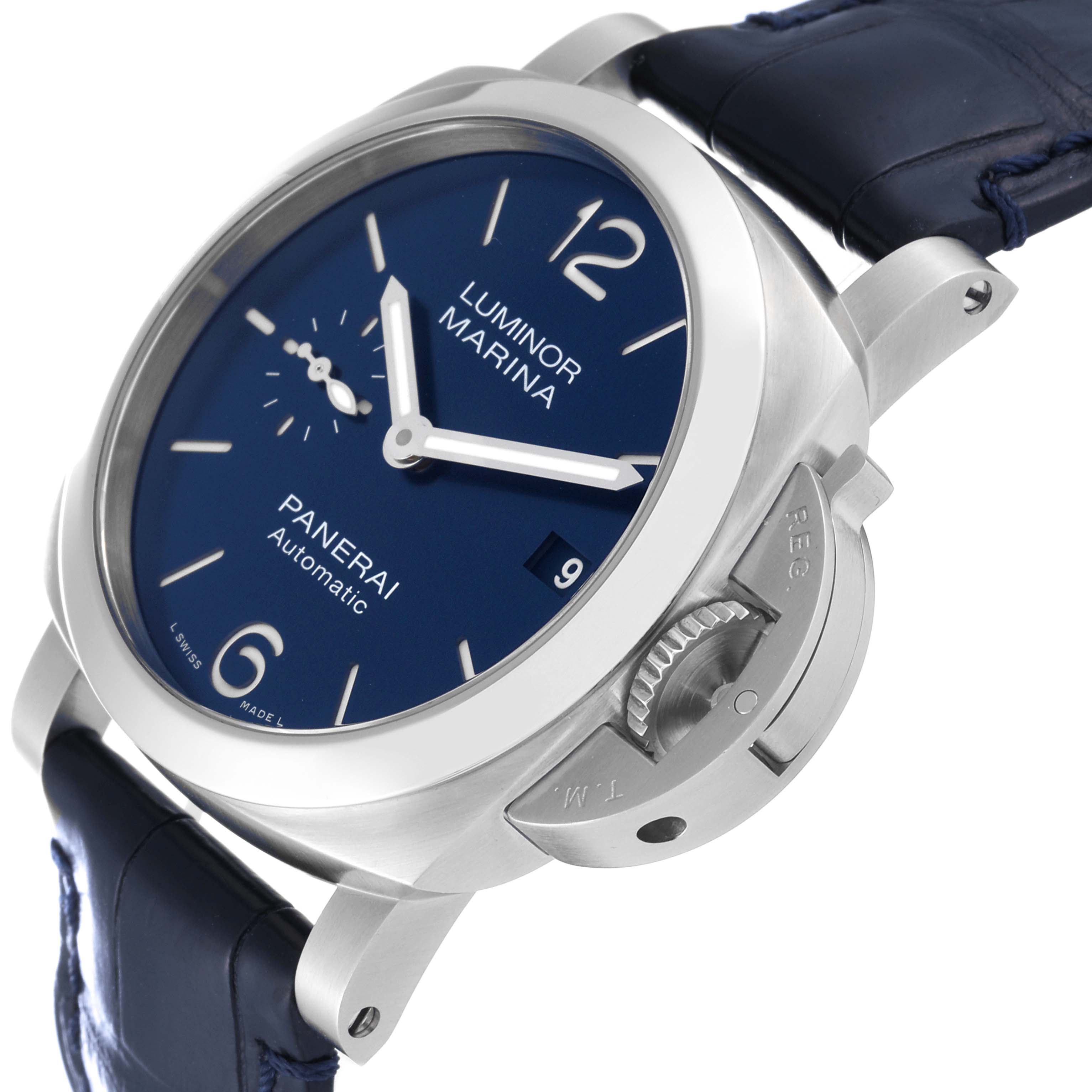 The image shows a close-up angled view of the Panerai Luminor PAM01270 Men's Stainless Steel Blue Dial PAM01270 Men's Stainless Steel Blue Dial Marina watch, highlighting its blue dial and crown guard.