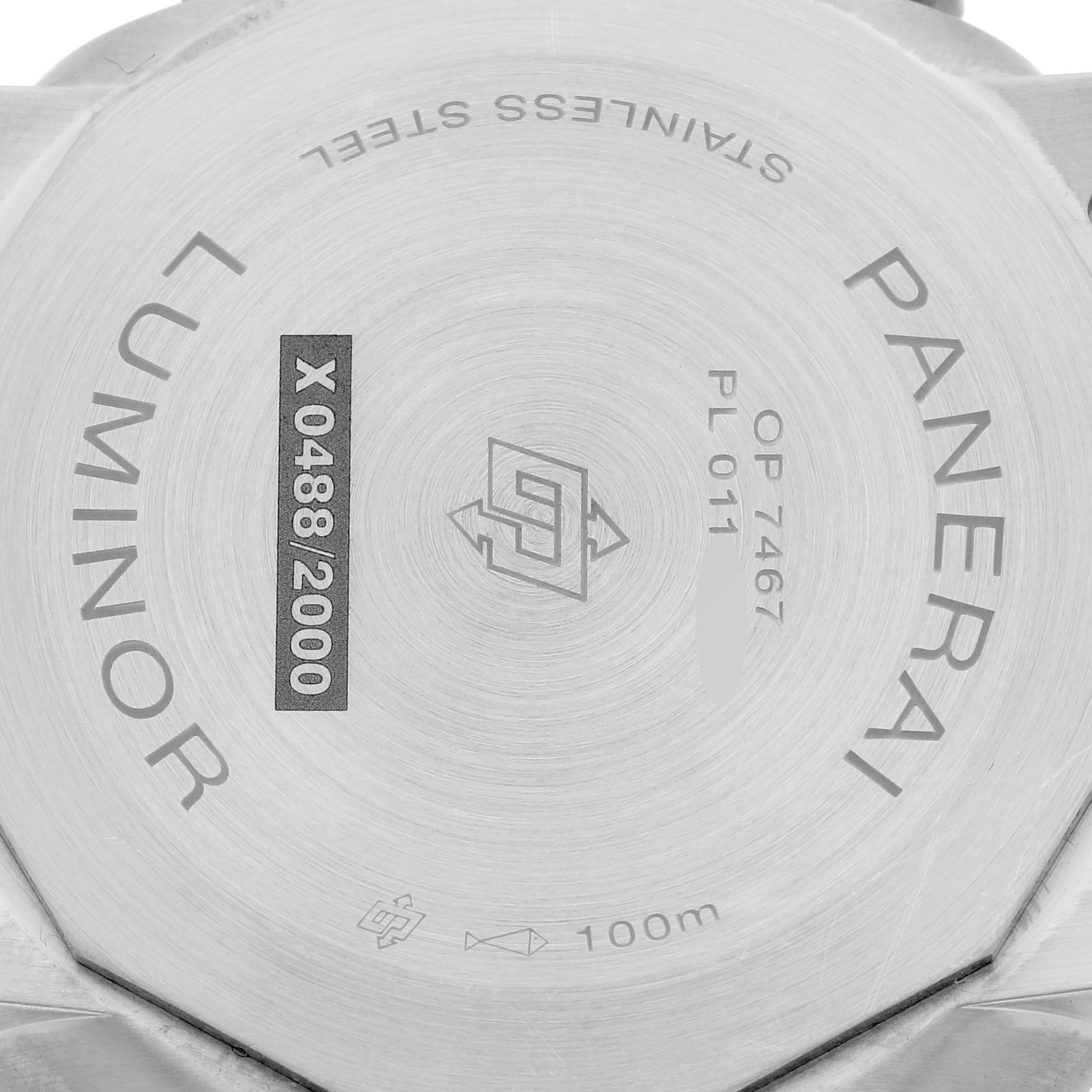 This image shows the back case of a Panerai Luminor PAM01270 Men's Stainless Steel Blue Dial PAM01270 Men's Stainless Steel Blue Dial watch, highlighting its stainless steel, limited edition number, and water resistance rating.