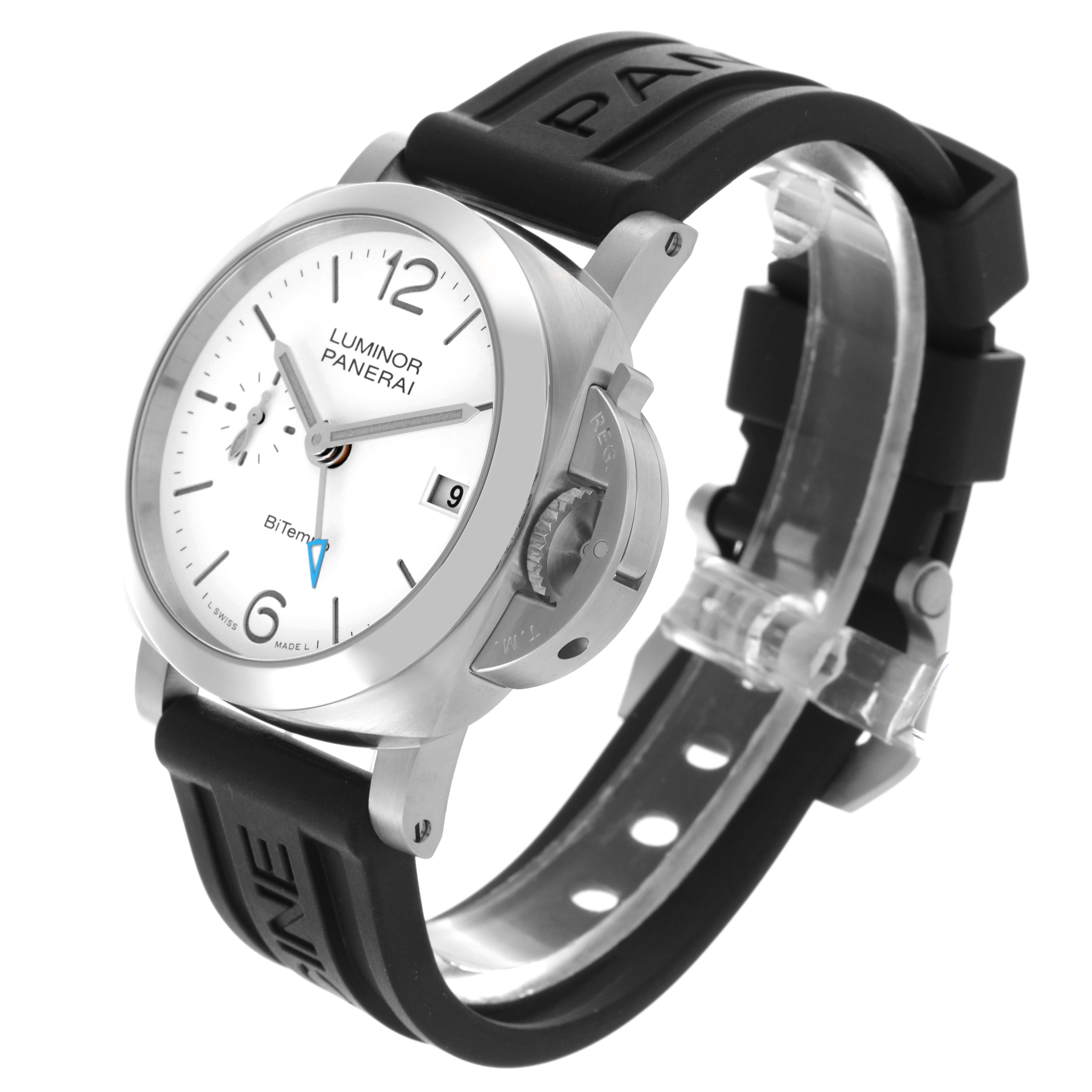 The Panerai Luminor PAM01367 Men's Stainless Steel White Dial PAM01367 Men's Stainless Steel White Dial watch is shown at a three-quarter angle, highlighting the dial, crown guard, and part of the strap.