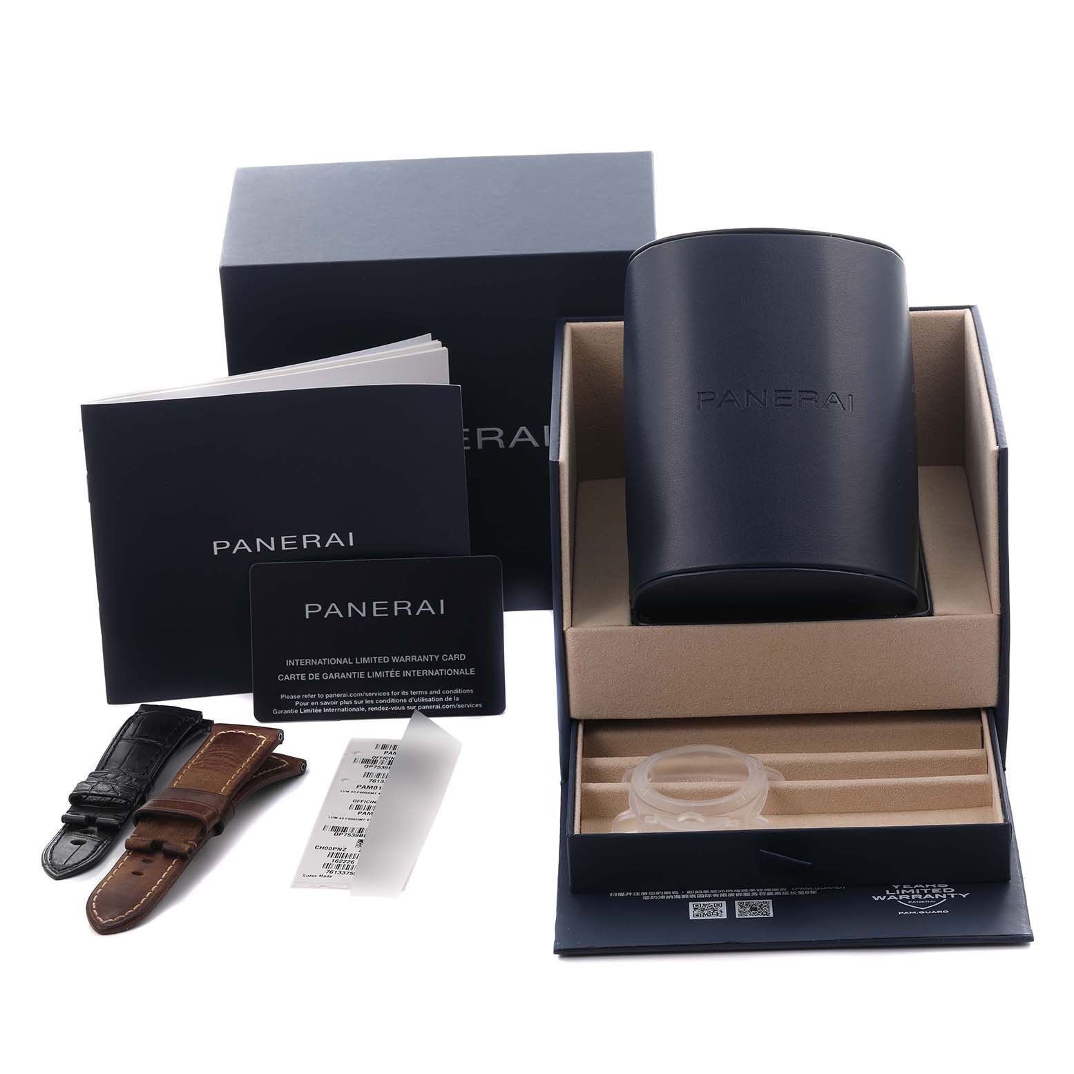 The image shows a Panerai Luminor PAM01367 Men's Stainless Steel White Dial PAM01367 Men's Stainless Steel White Dial watch box with accessories, including straps, warranty cards, and a carrying case, from a top angle.