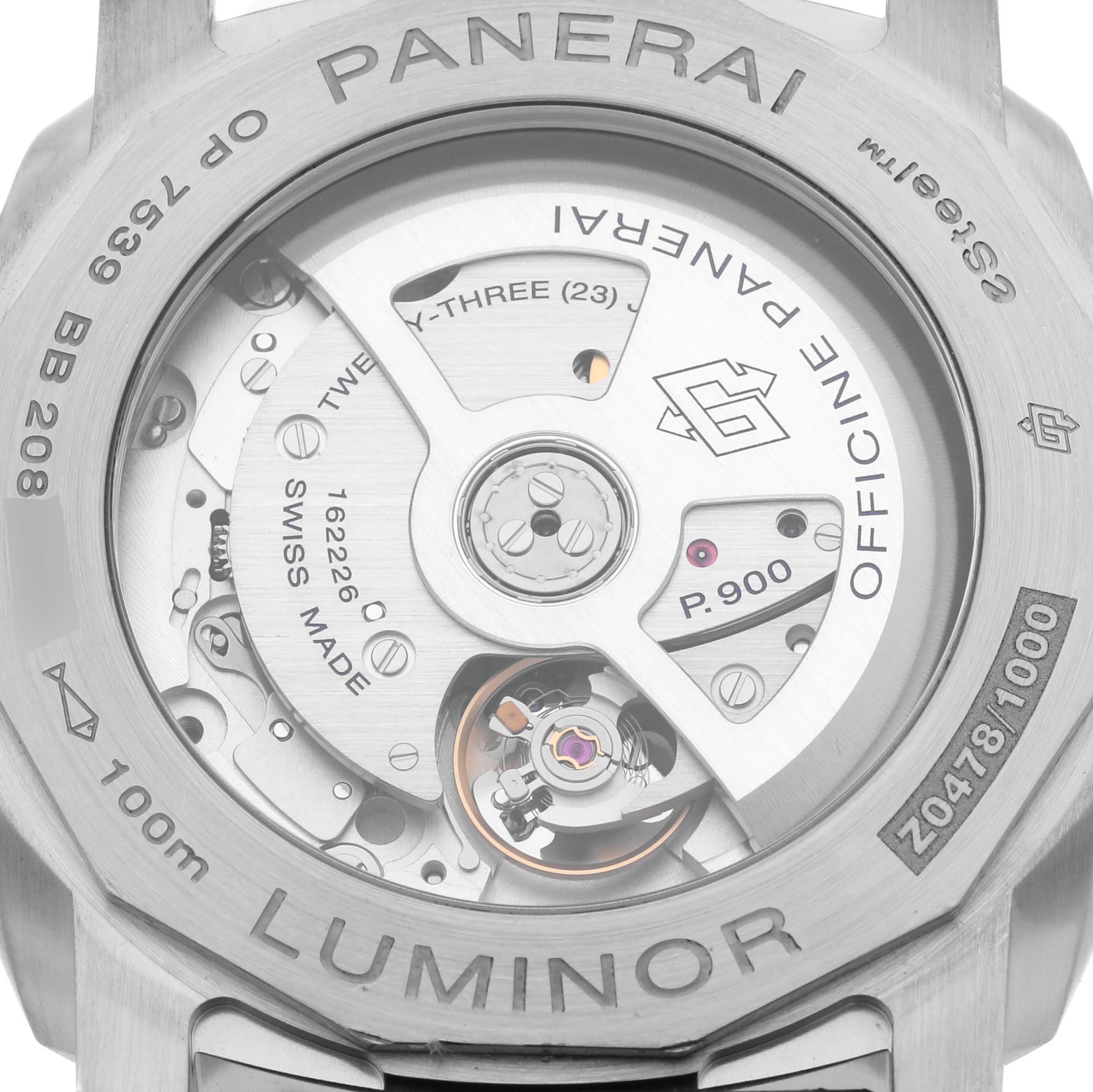 The image shows the open case back of a Panerai Luminor PAM01367 Men's Stainless Steel White Dial PAM01367 Men's Stainless Steel White Dial watch, displaying its movement and inscriptions.