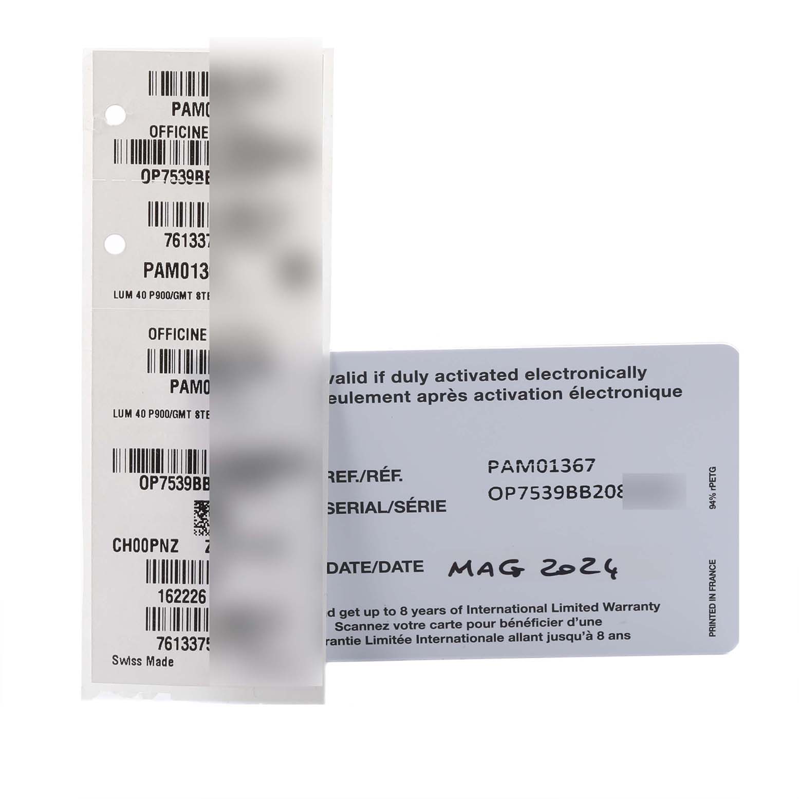 The image shows warranty cards and labels for the Panerai Luminor PAM01367 Men's Stainless Steel White Dial PAM01367 Men's Stainless Steel White Dial model, not the watch itself.