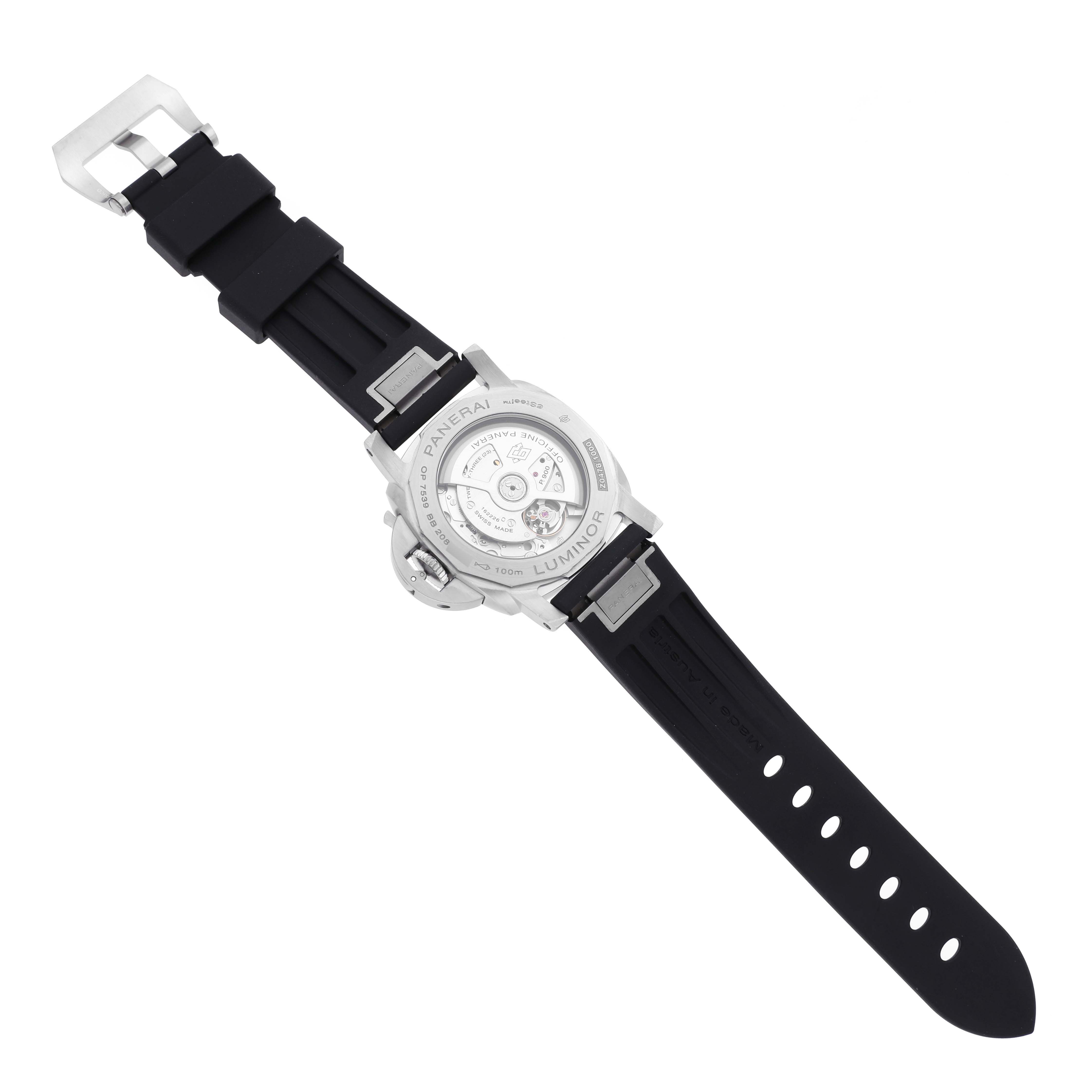 The Panerai Luminor PAM01367 Men's Stainless Steel White Dial PAM01367 Men's Stainless Steel White Dial watch is shown from the back, highlighting the case back and black strap.