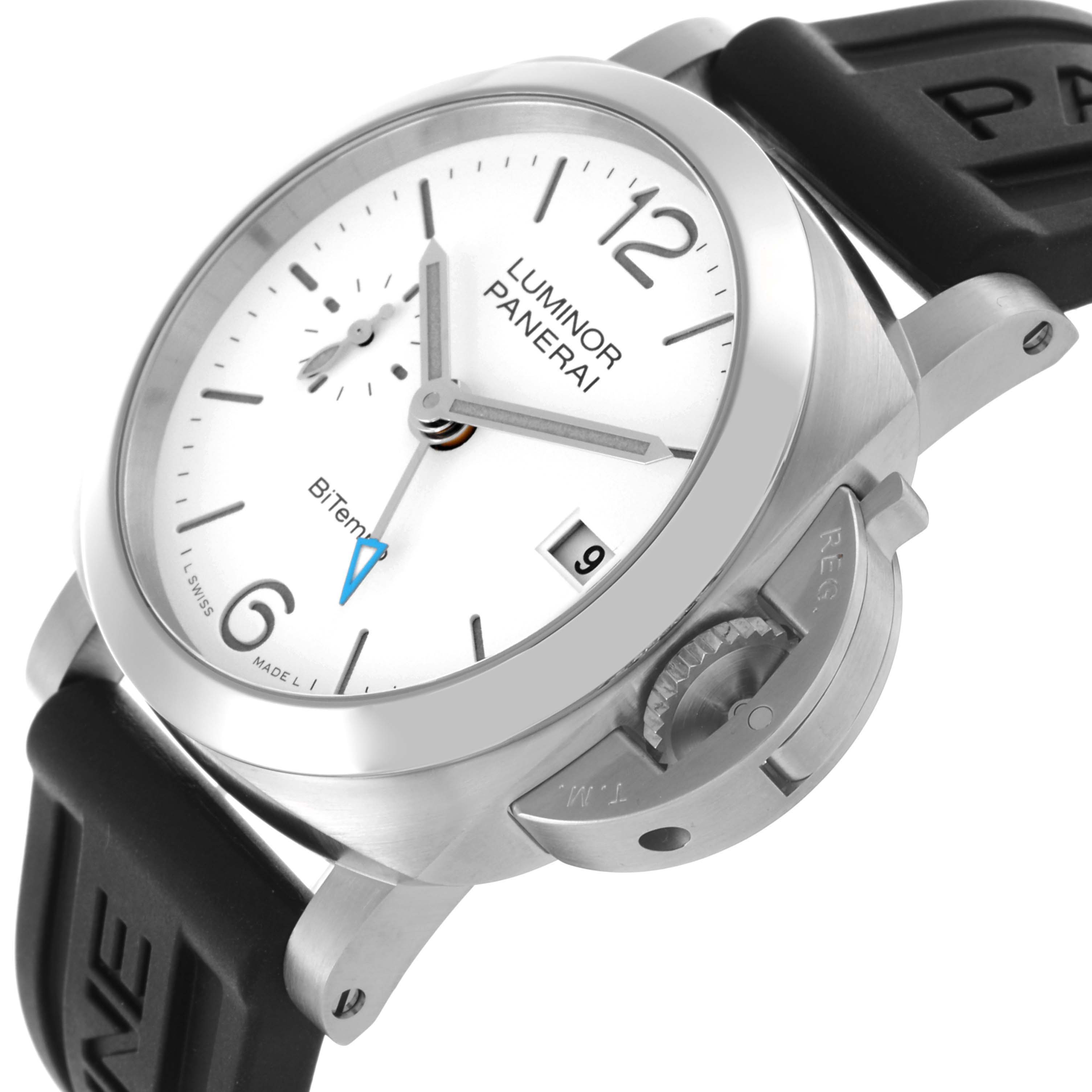 The Panerai Luminor PAM01367 Men's Stainless Steel White Dial PAM01367 Men's Stainless Steel White Dial model is shown from a side angle highlighting its dial, crown guard, and rubber strap.