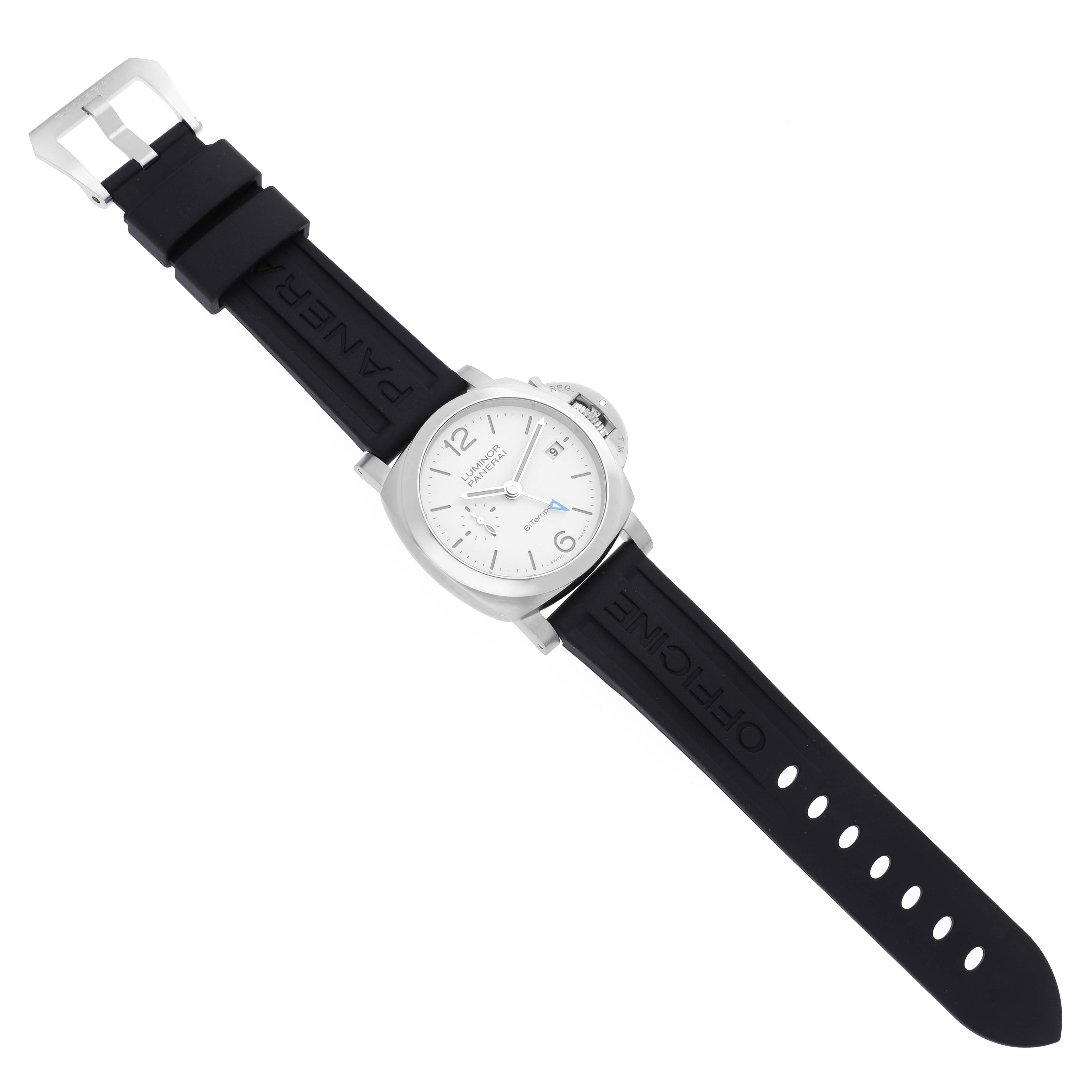 The Panerai Luminor PAM01367 Men's Stainless Steel White Dial PAM01367 Men's Stainless Steel White Dial watch is shown from a top view, featuring its face, black strap, and buckle.