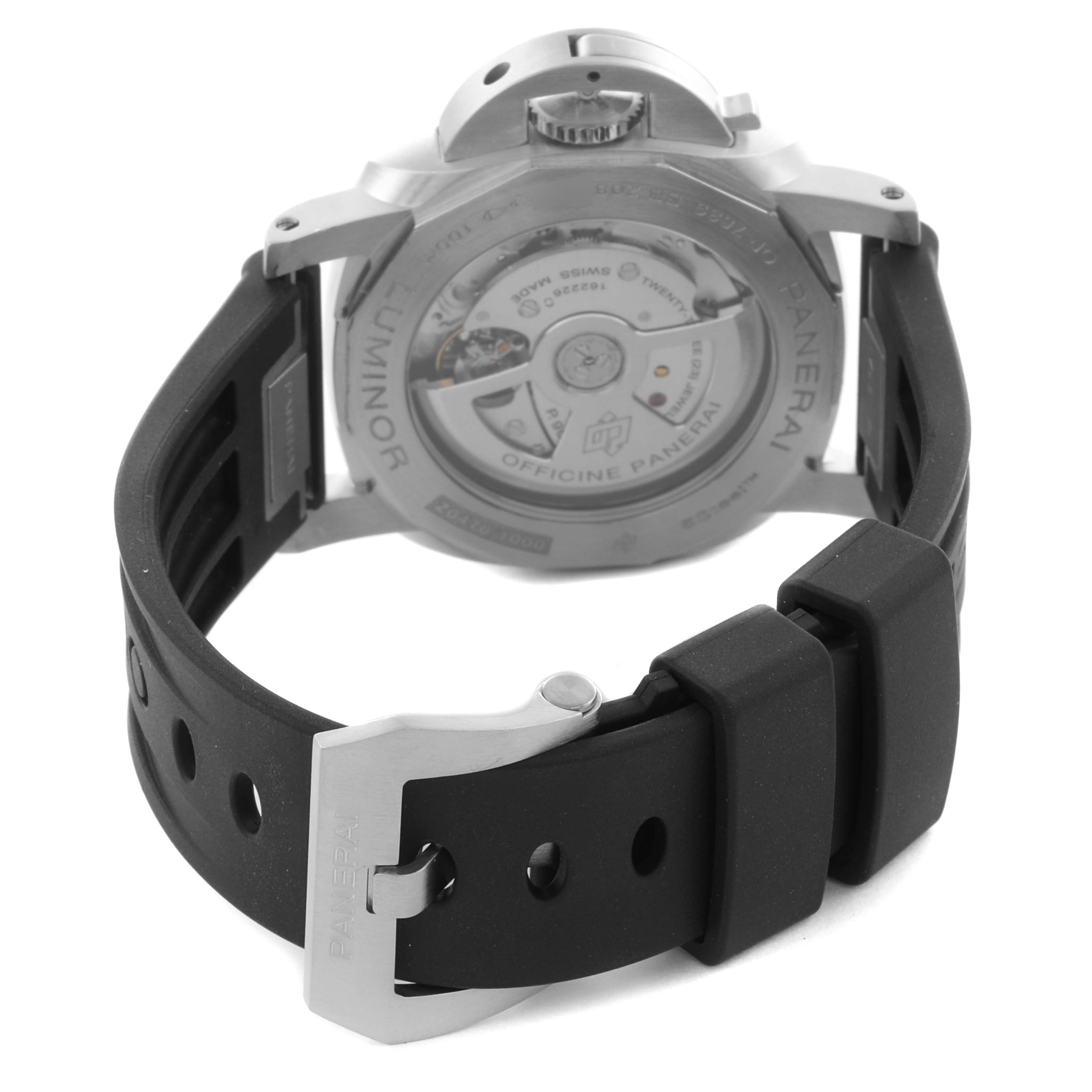 The image shows the back of a Panerai Luminor PAM01367 Men's Stainless Steel White Dial PAM01367 Men's Stainless Steel White Dial watch, highlighting the movement through a transparent case back and the rubber strap with buckle.