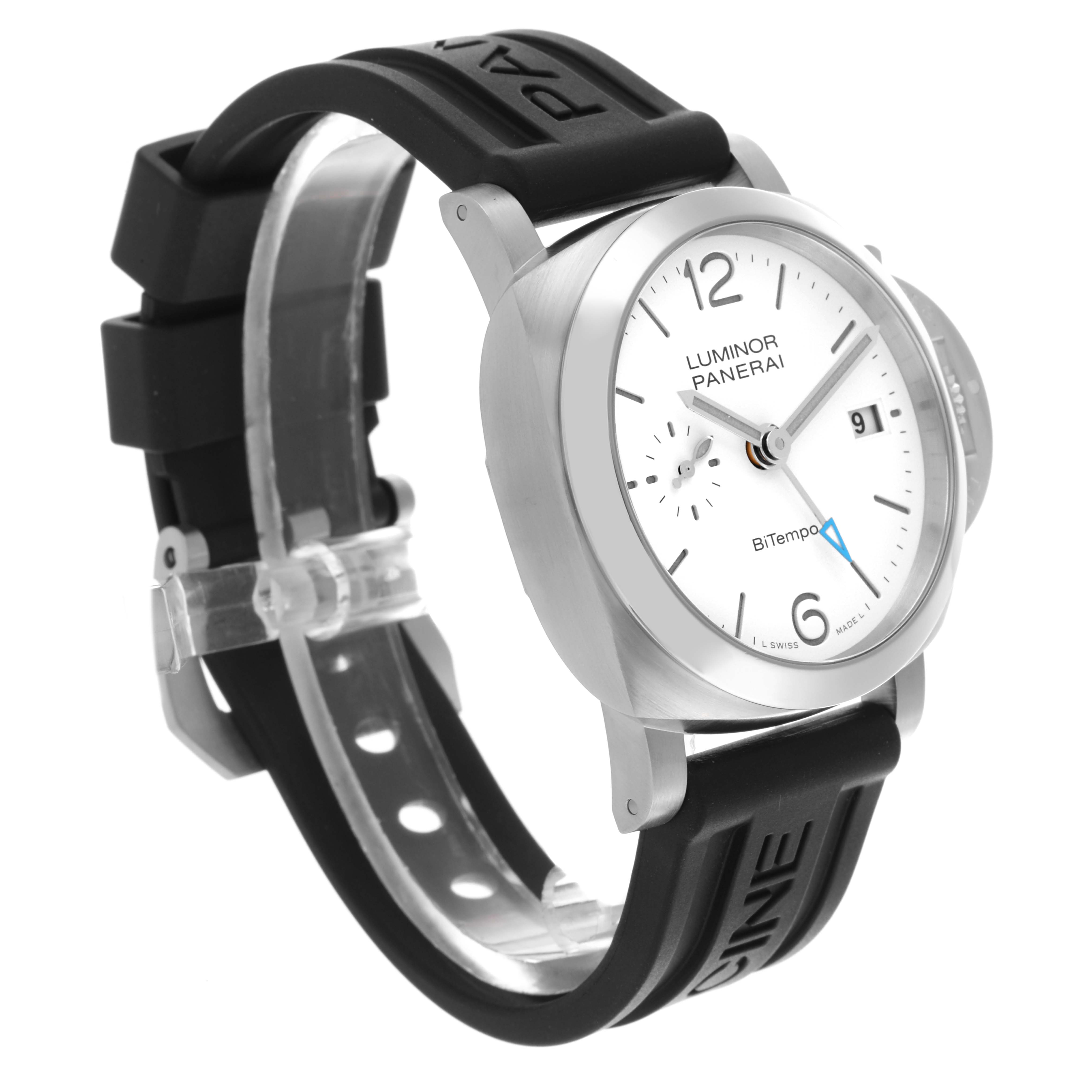 The Panerai Luminor PAM01367 Men's Stainless Steel White Dial PAM01367 Men's Stainless Steel White Dial watch is shown at a three-quarter angle, highlighting the face, bezel, crown, and black rubber strap.