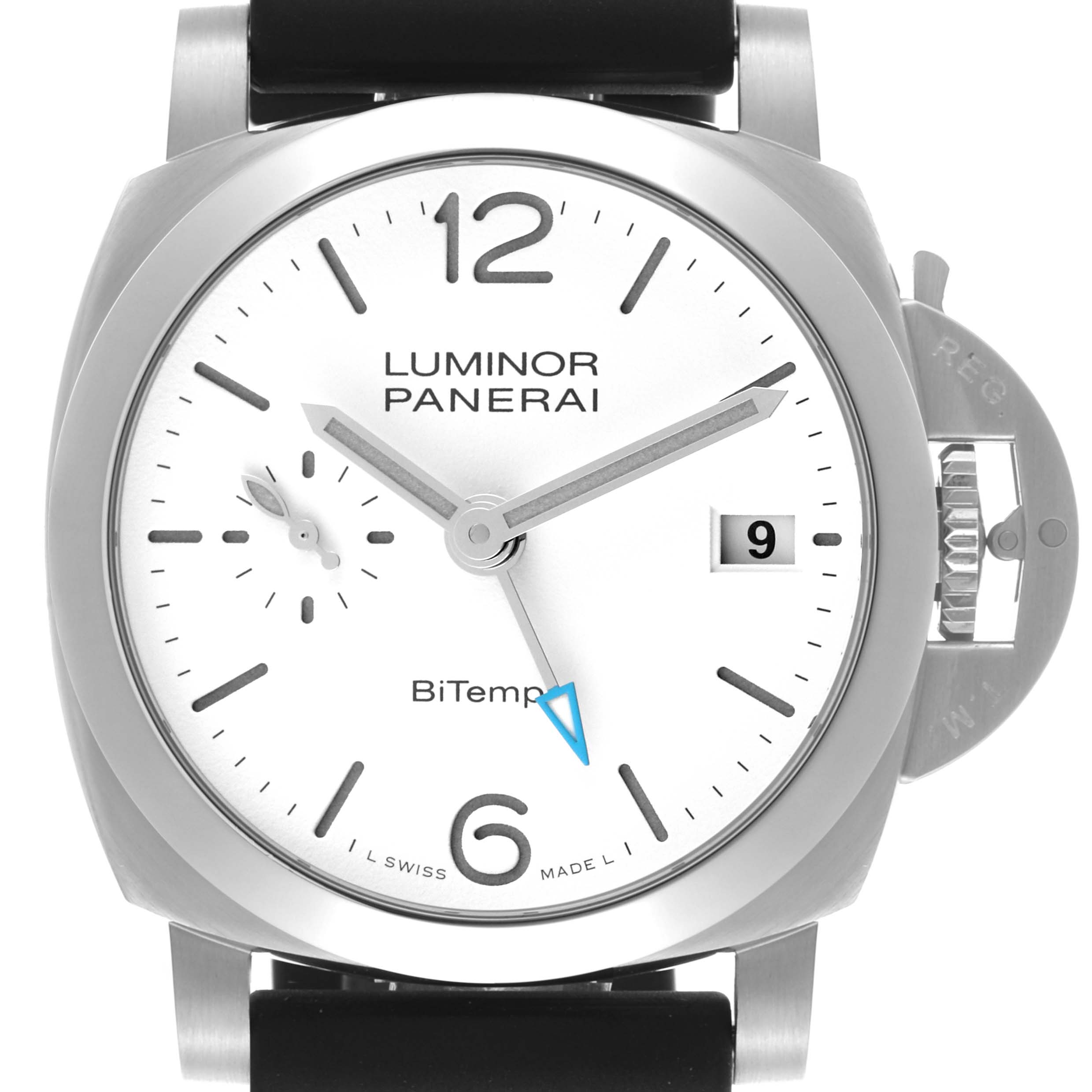 The Panerai Luminor PAM01367 Men's Stainless Steel White Dial PAM01367 Men's Stainless Steel White Dial watch is shown from the front, highlighting its dial, crown guard, and strap attachments.