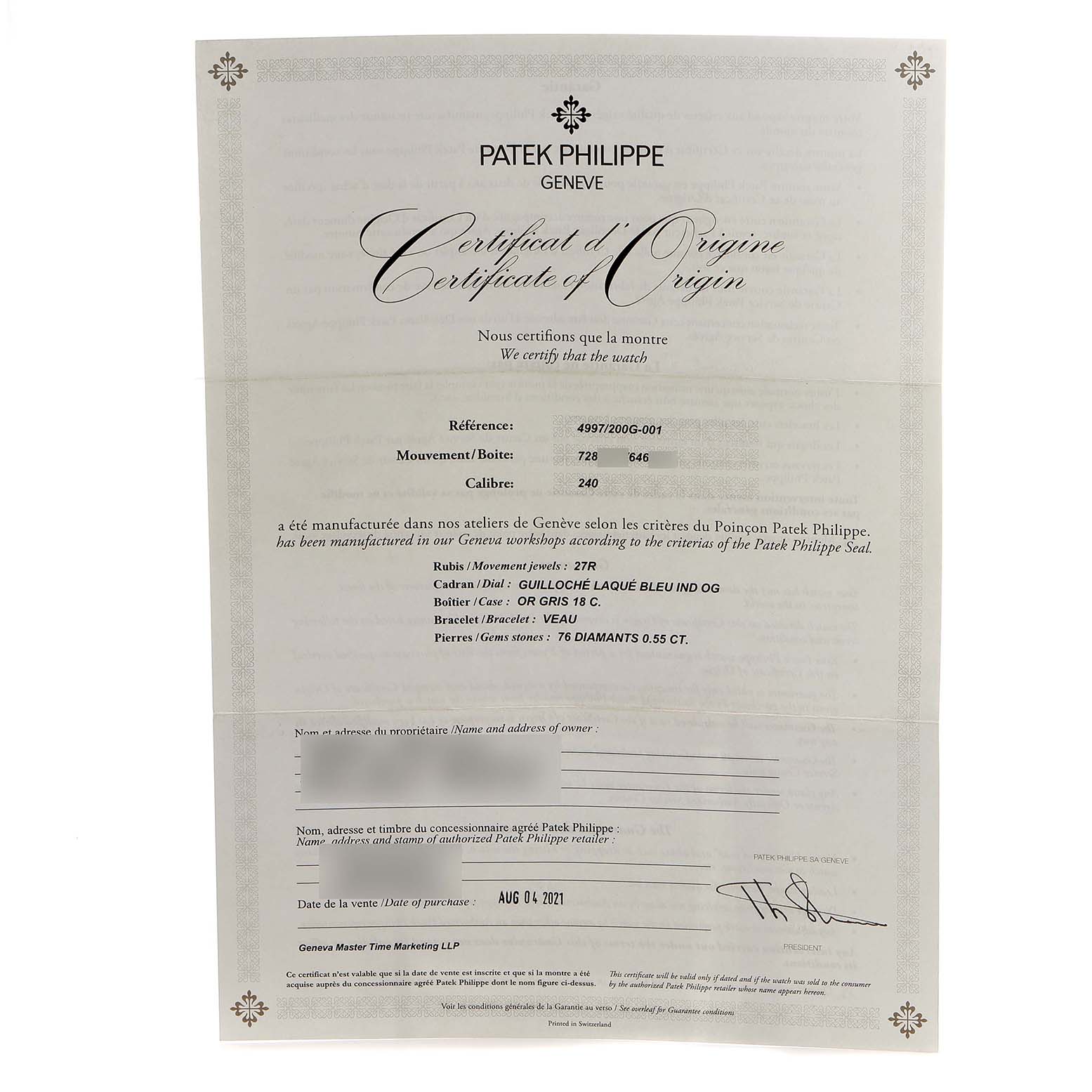 The image shows the Certificate of Origin for a Patek Philippe Calatrava 4997 Women's White Gold Blue Dial watch, with specific model details presented flatly.