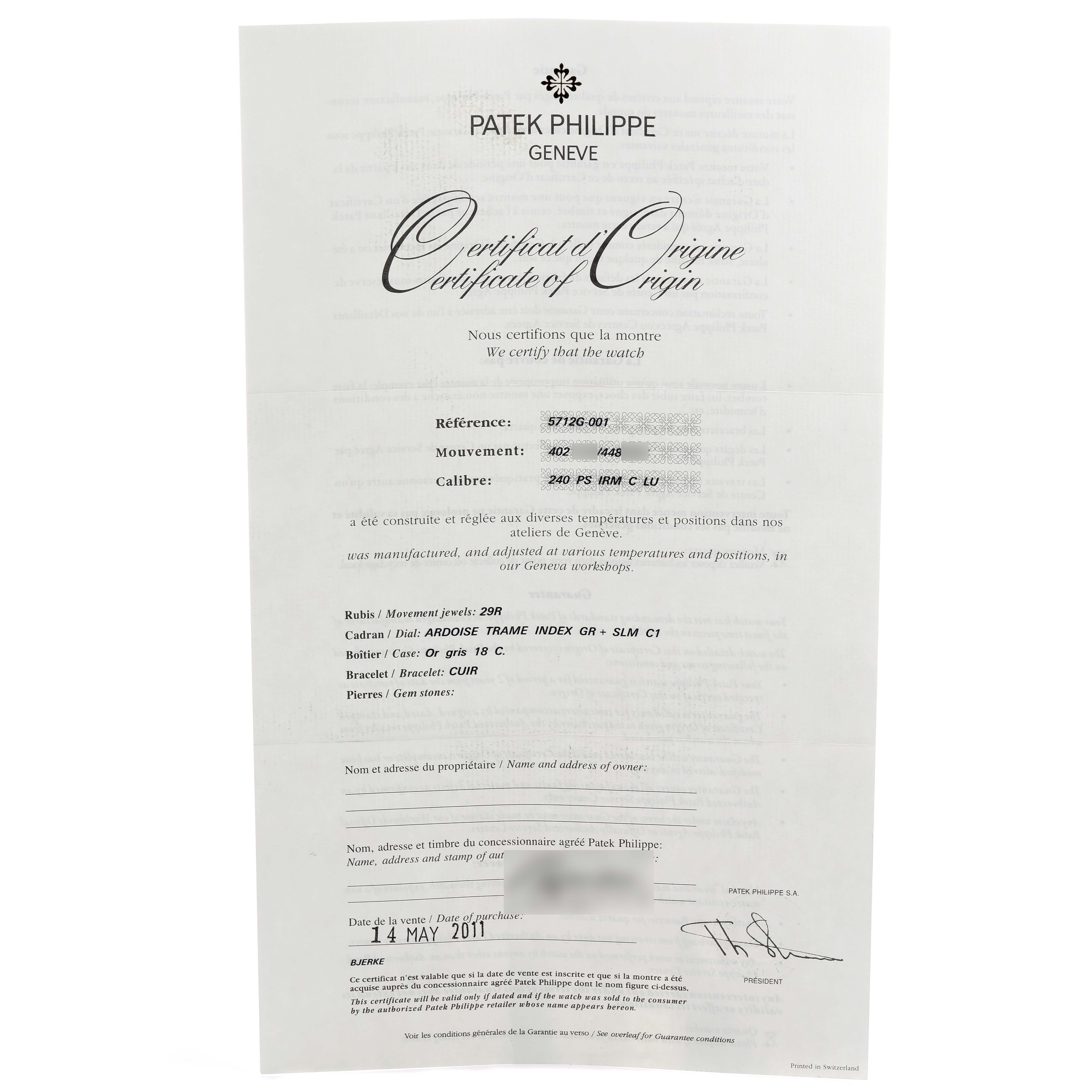 This image shows the "Certificate of Origin" for a Patek Philippe Nautilus 5712G Men's White Gold Grey Dial, not the watch itself.