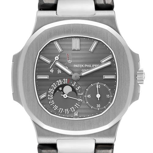 The Patek Philippe Nautilus 5712G Men's White Gold Grey Dial watch is shown from the front, displaying the dial, subdials, and crown.