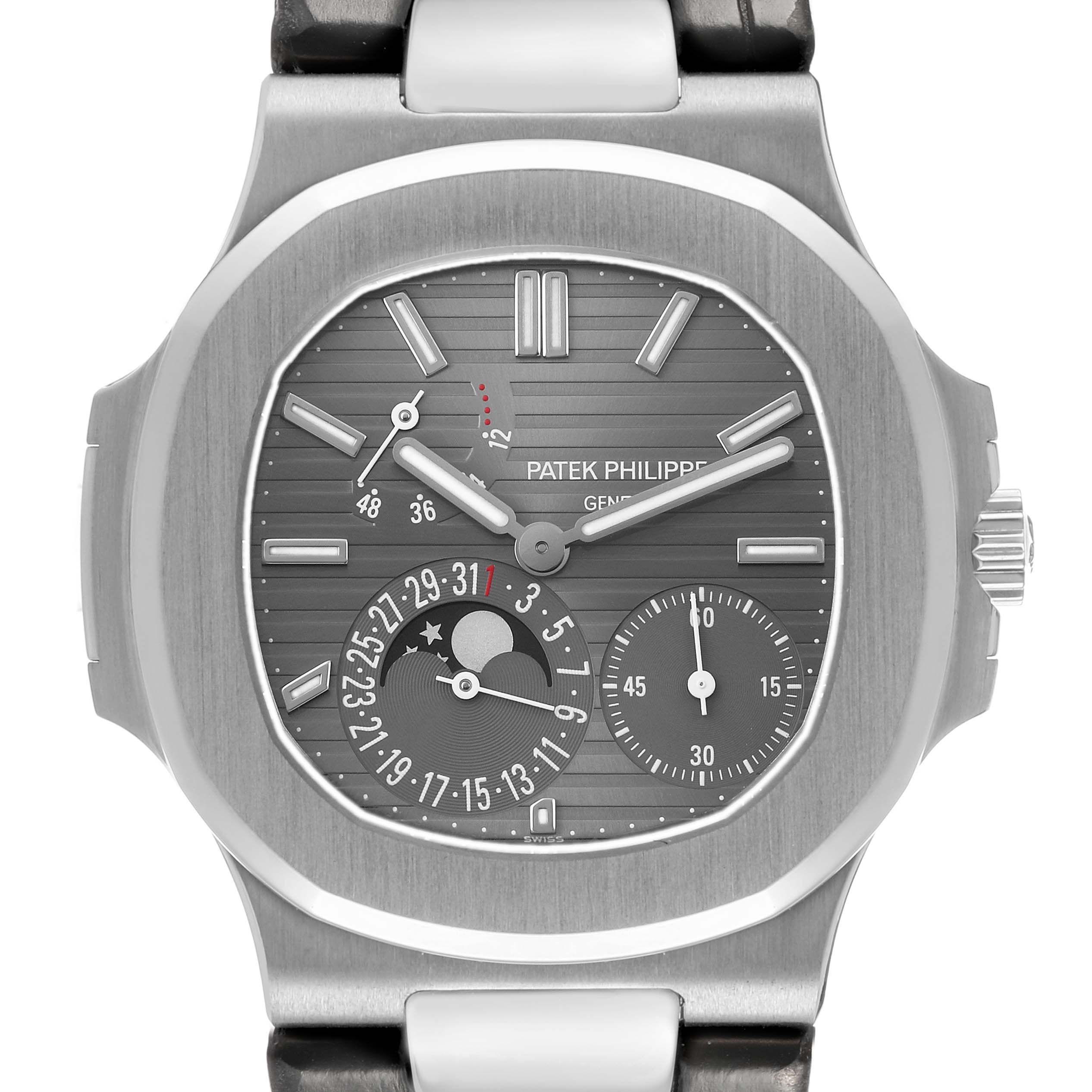 The Patek Philippe Nautilus 5712G Men's White Gold Grey Dial watch is shown from the front, displaying its face, bezel, and part of the strap.