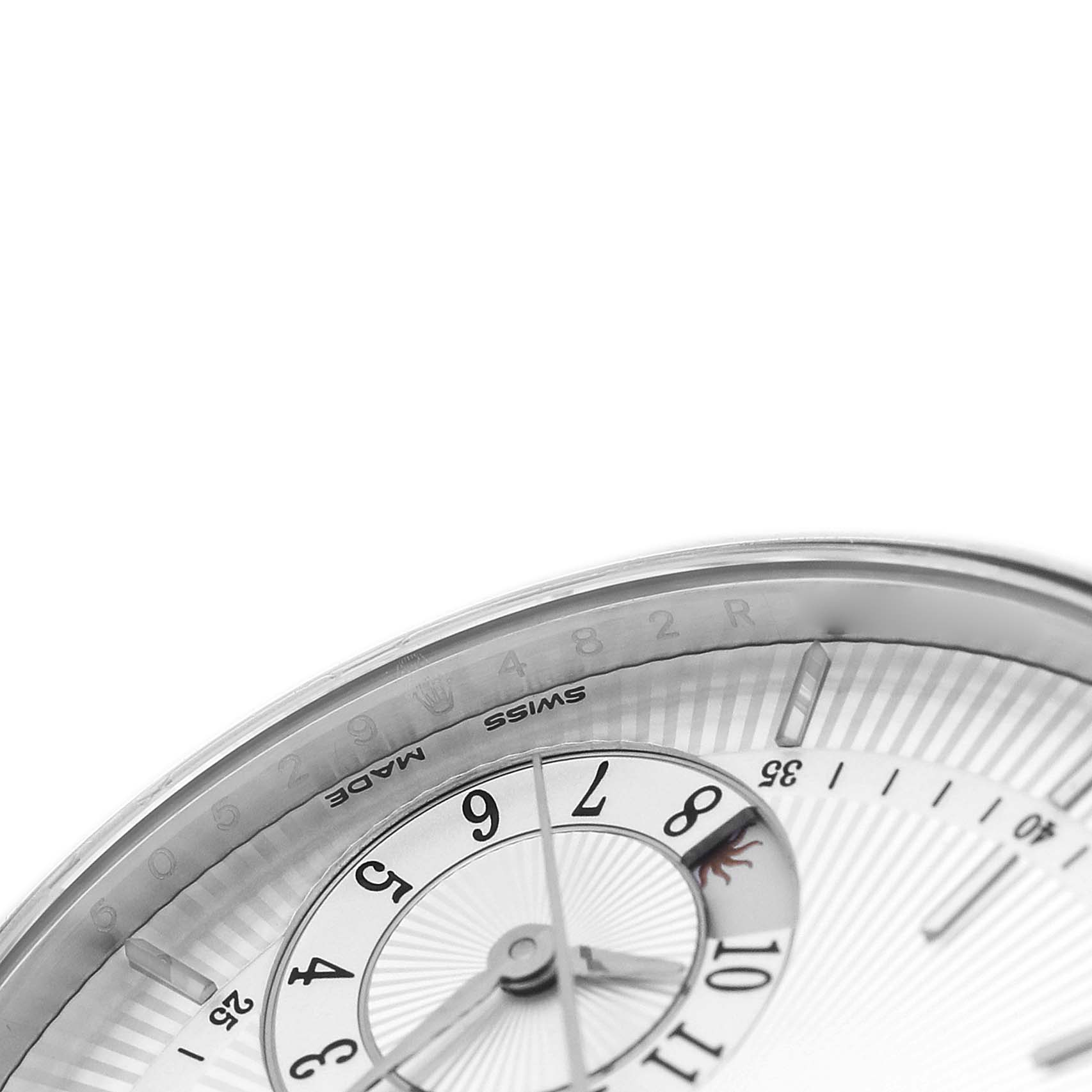 The image shows a close-up of the dial and bezel of a Rolex Cellini 50529 Men's White Gold Silver Dial watch, focusing on the numbering and guilloché pattern.