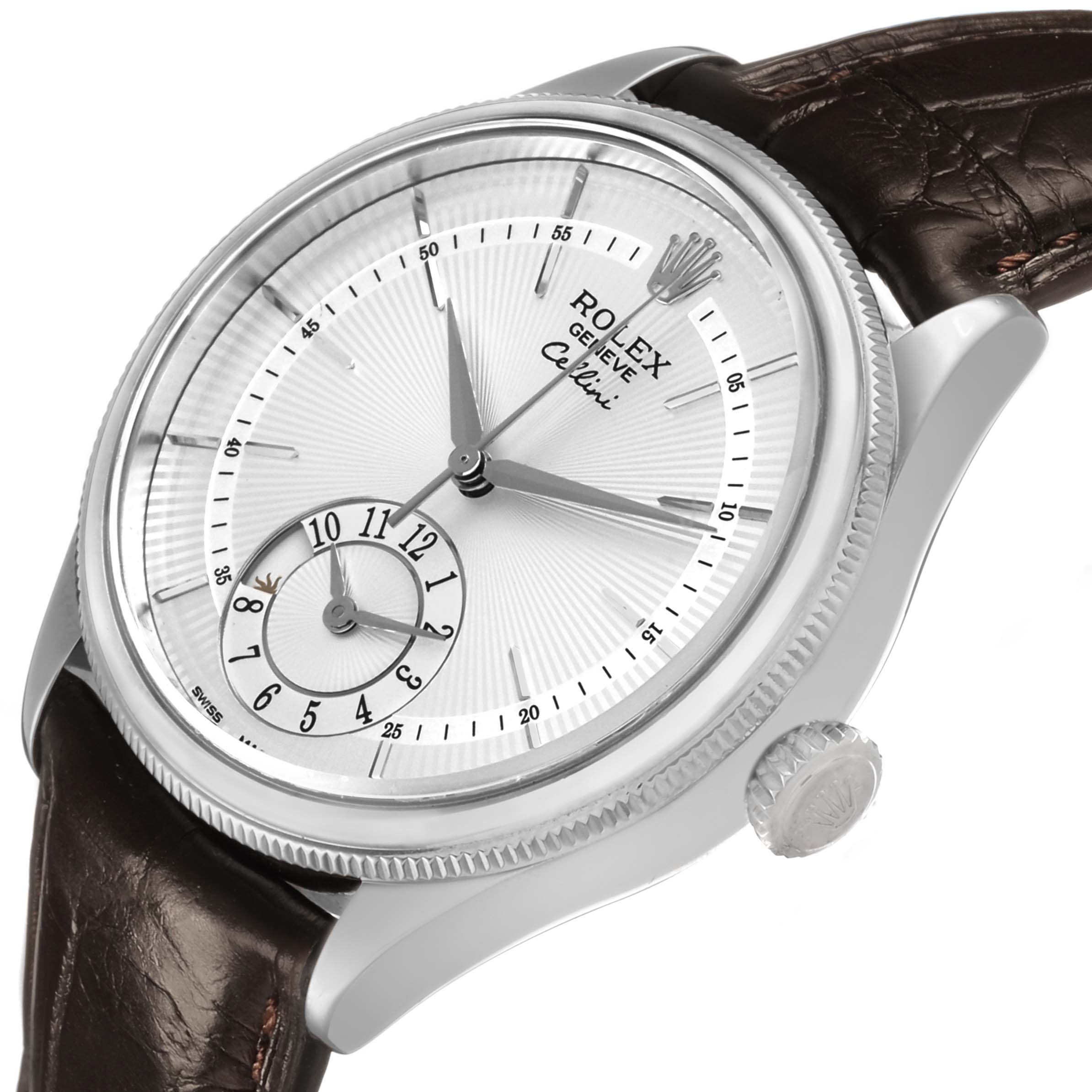 The Rolex Cellini 50529 Men's White Gold Silver Dial watch is shown at an angle highlighting the dial, crown, and brown leather strap.