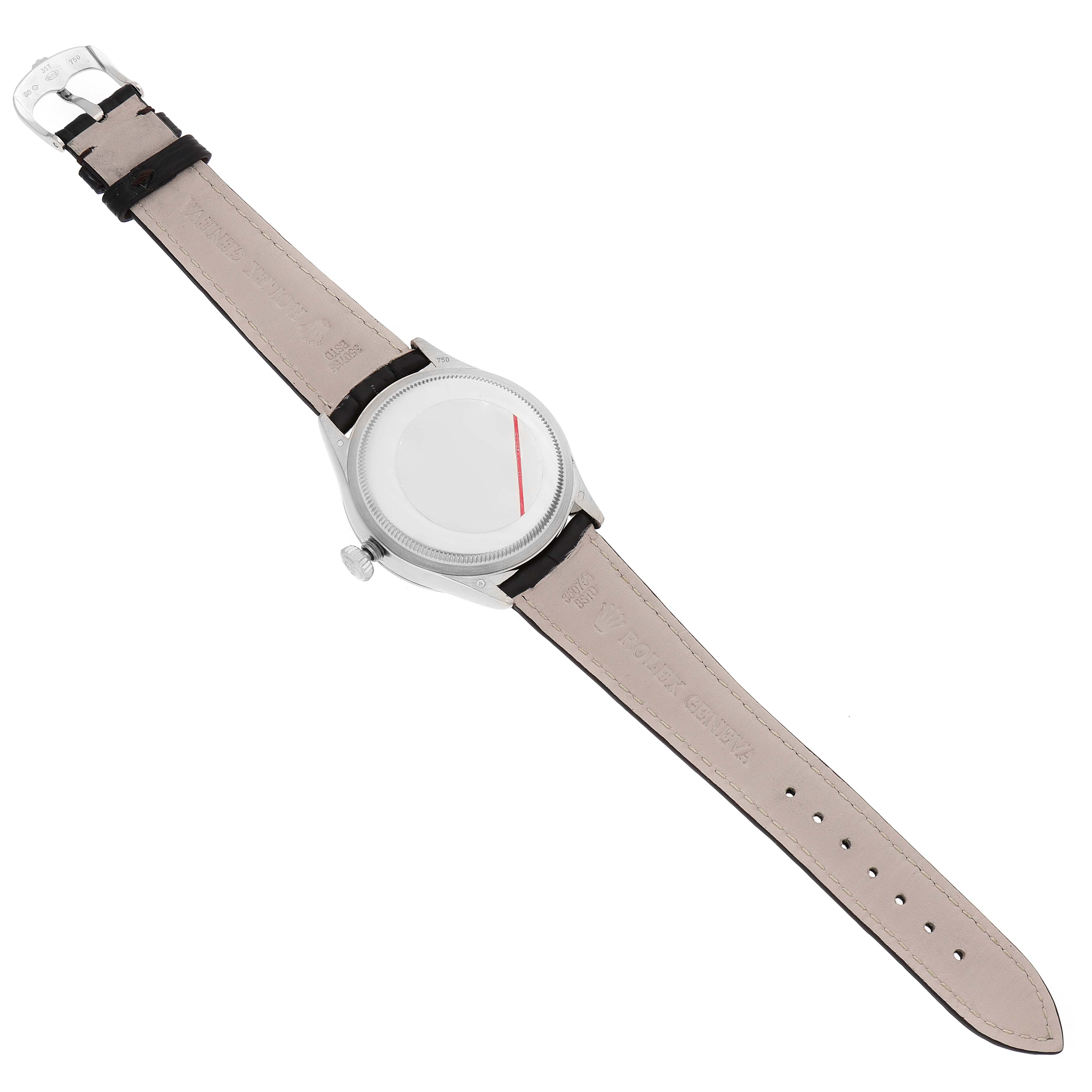 The Rolex Cellini 50529 Men's White Gold Silver Dial watch is shown from the back, displaying the case back, crown, and leather straps.