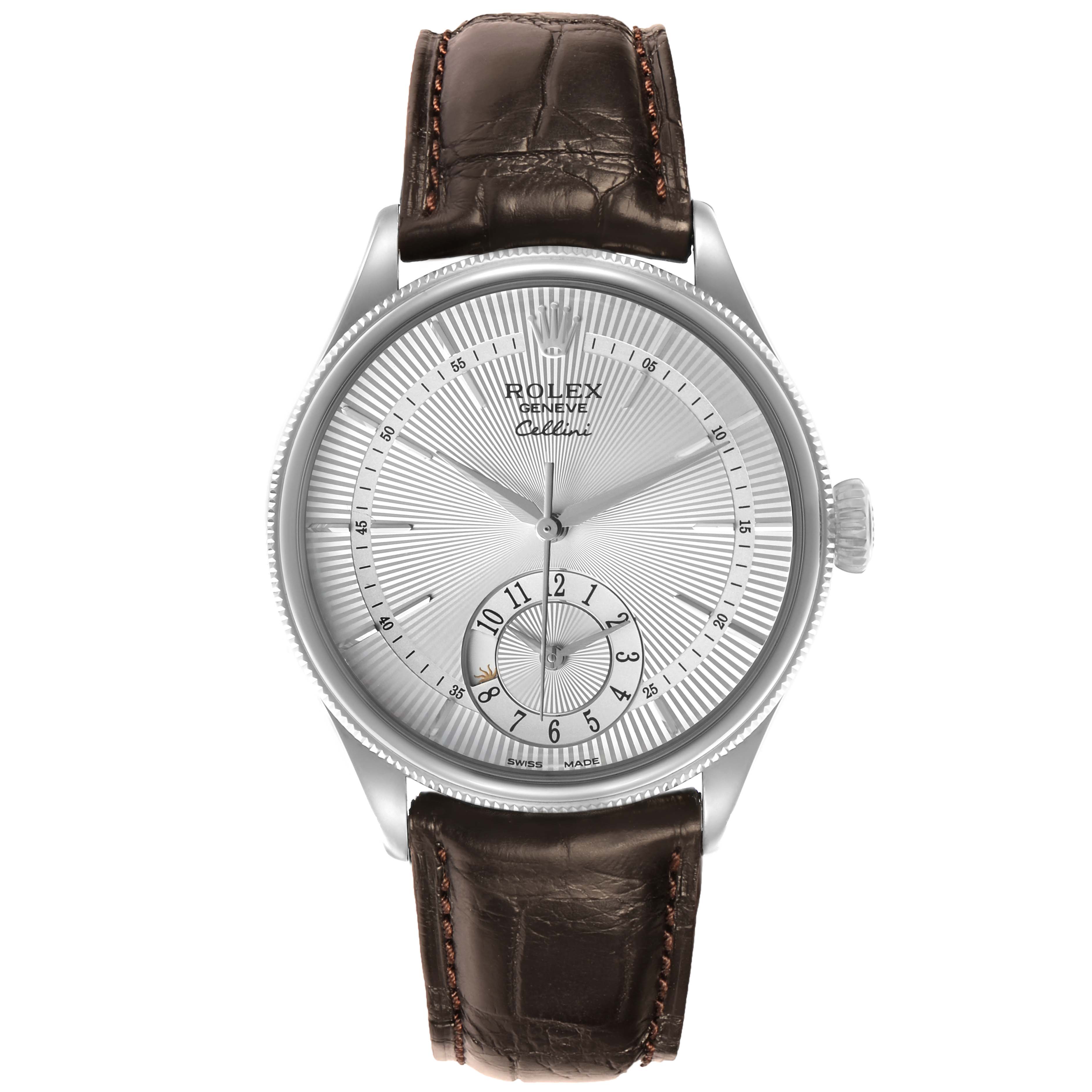 The Rolex Cellini 50529 Men's White Gold Silver Dial watch is shown from a top-down angle, highlighting the dial, bezel, and leather strap.