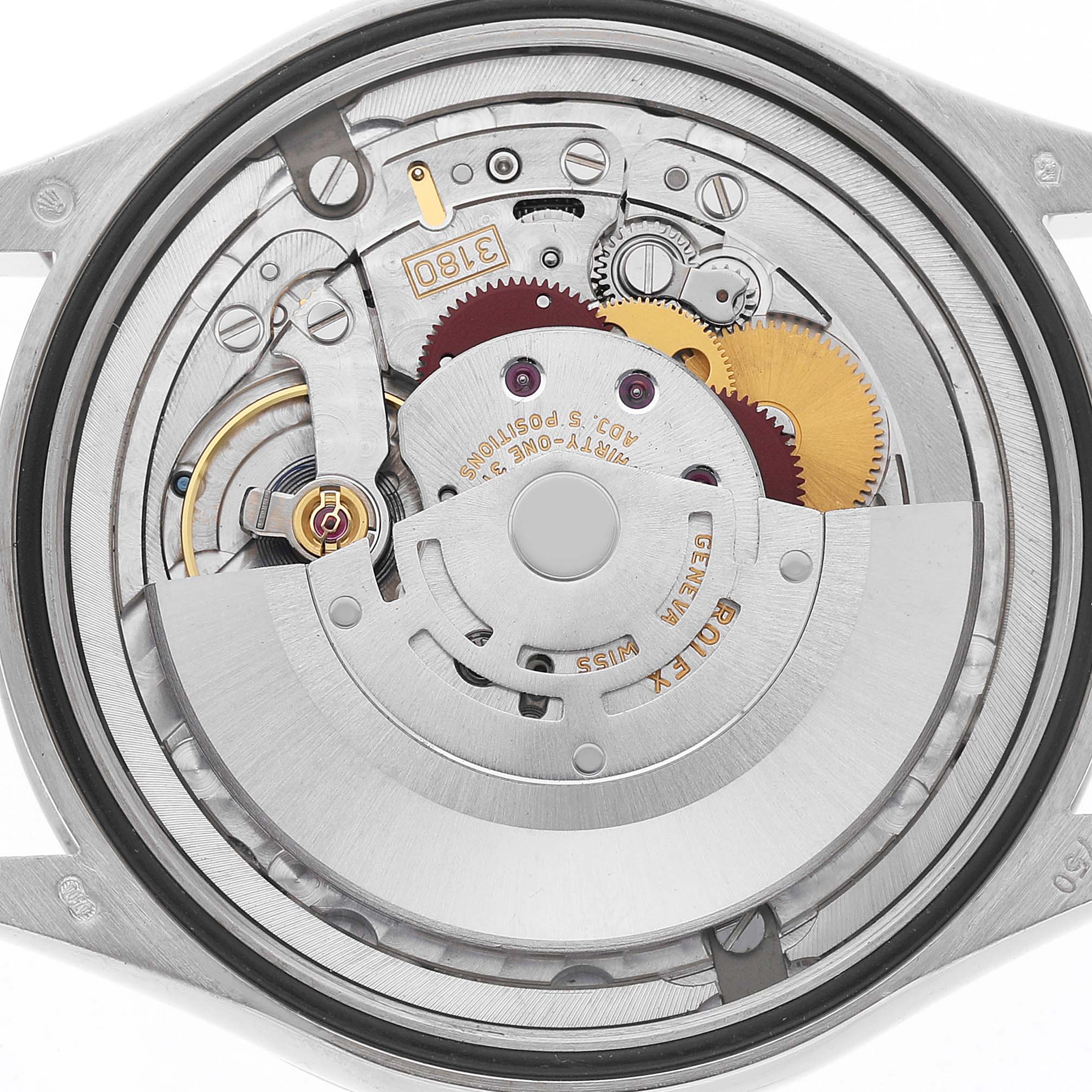 The image shows the movement and inner mechanism of the Rolex Cellini 50529 Men's White Gold Silver Dial watch from a top-down angle.