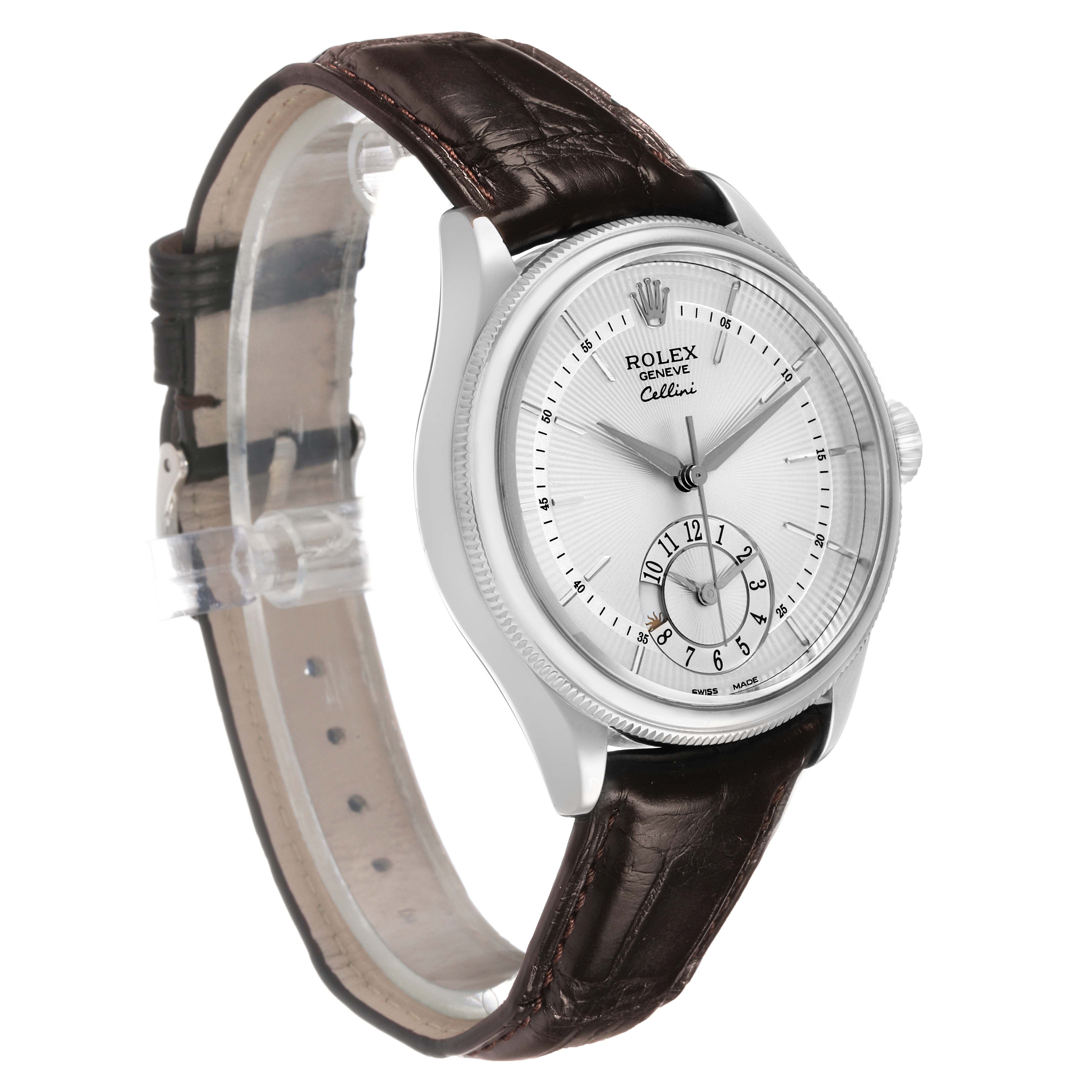 The Rolex Cellini 50529 Men's White Gold Silver Dial watch is shown at a three-quarter angle, highlighting the dial, case, and leather strap.