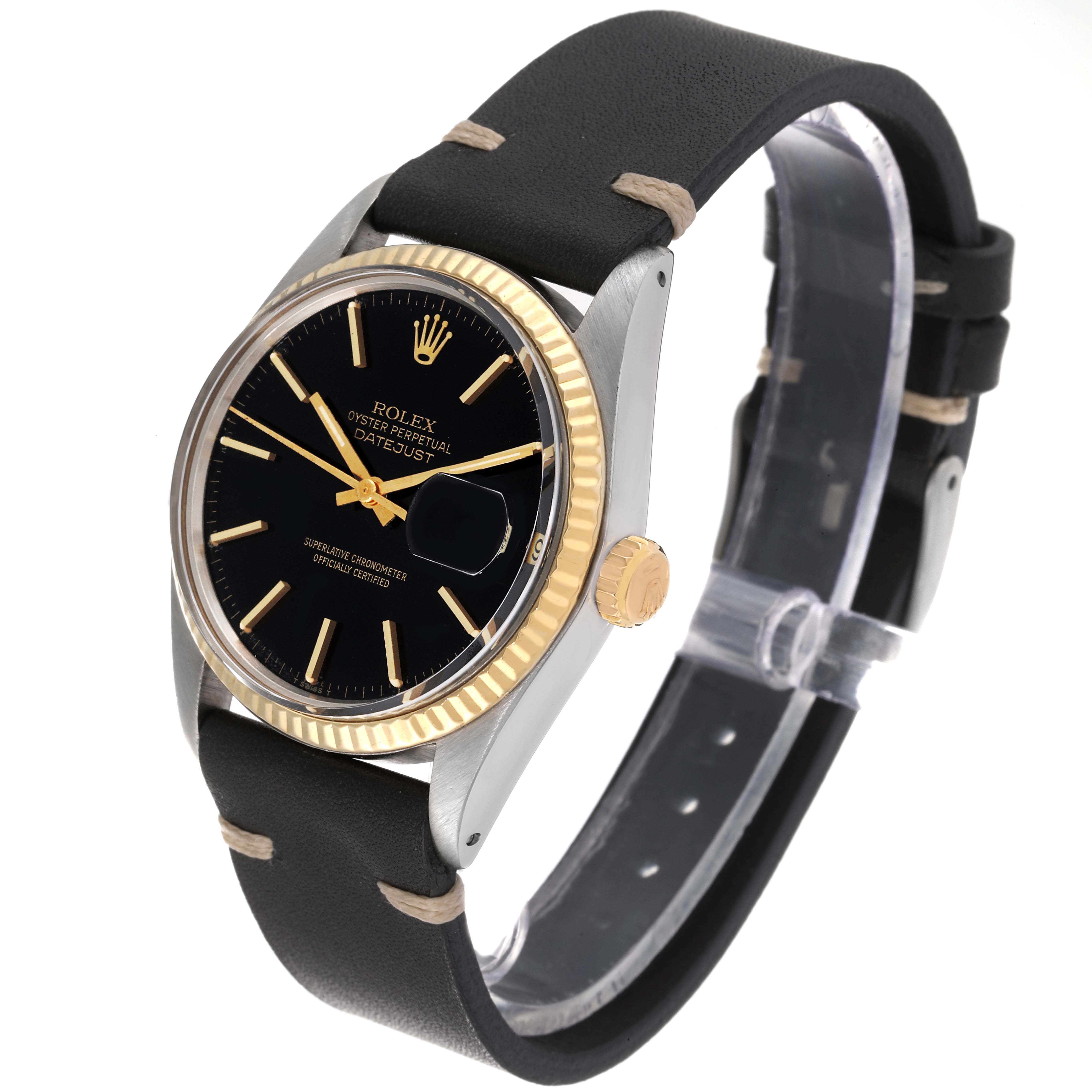 This image shows a Rolex Datejust 16013 Men's Steel and Gold (two tone) Black Dial 16013 Men's Steel and Gold (two tone) Black Dial watch at a front angle, highlighting its black dial, gold fluted bezel, and black leather strap.