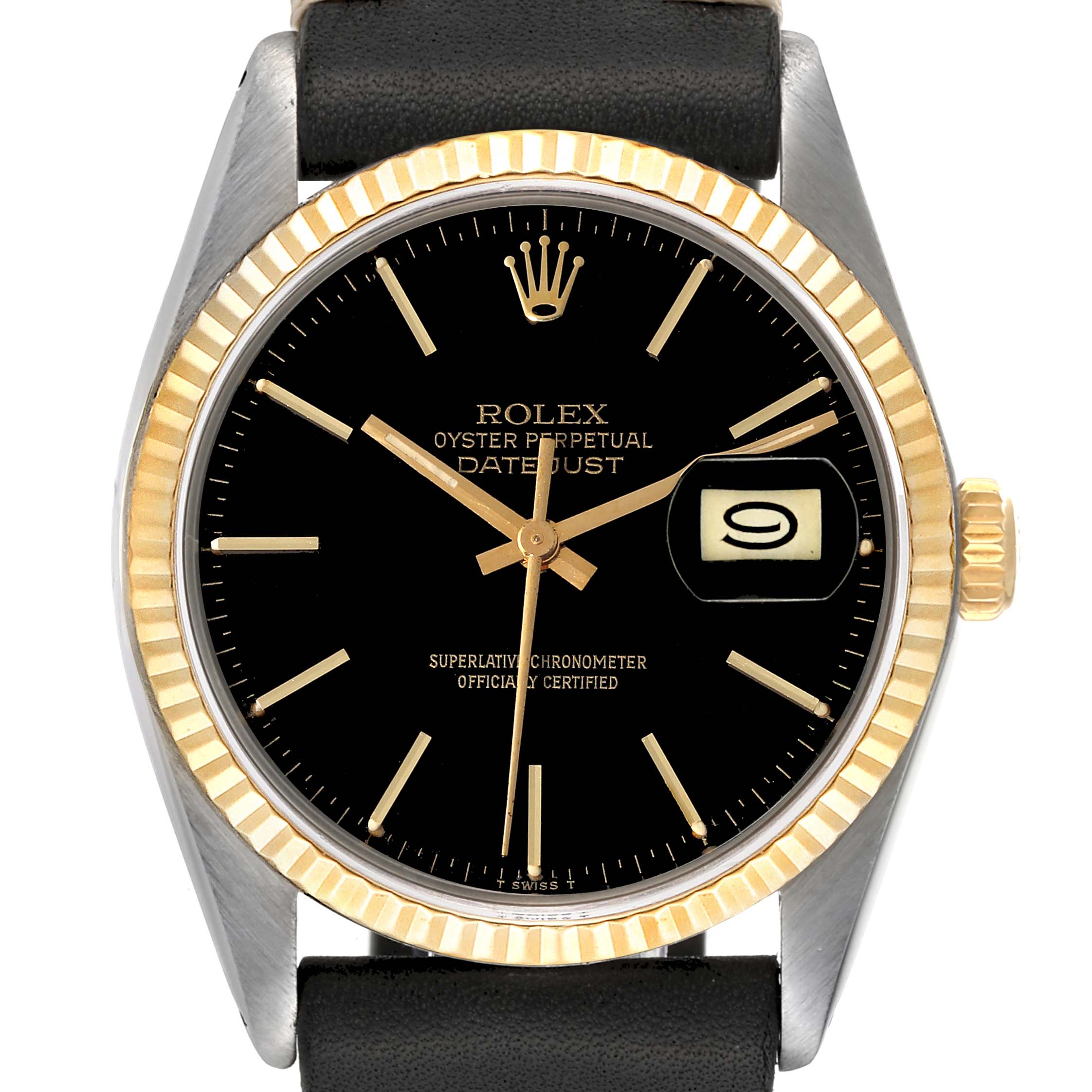 The image shows a front view of a Rolex Datejust 16013 Men's Steel and Gold (two tone) Black Dial 16013 Men's Steel and Gold (two tone) Black Dial watch, highlighting its dial, hands, bezel, and date window.