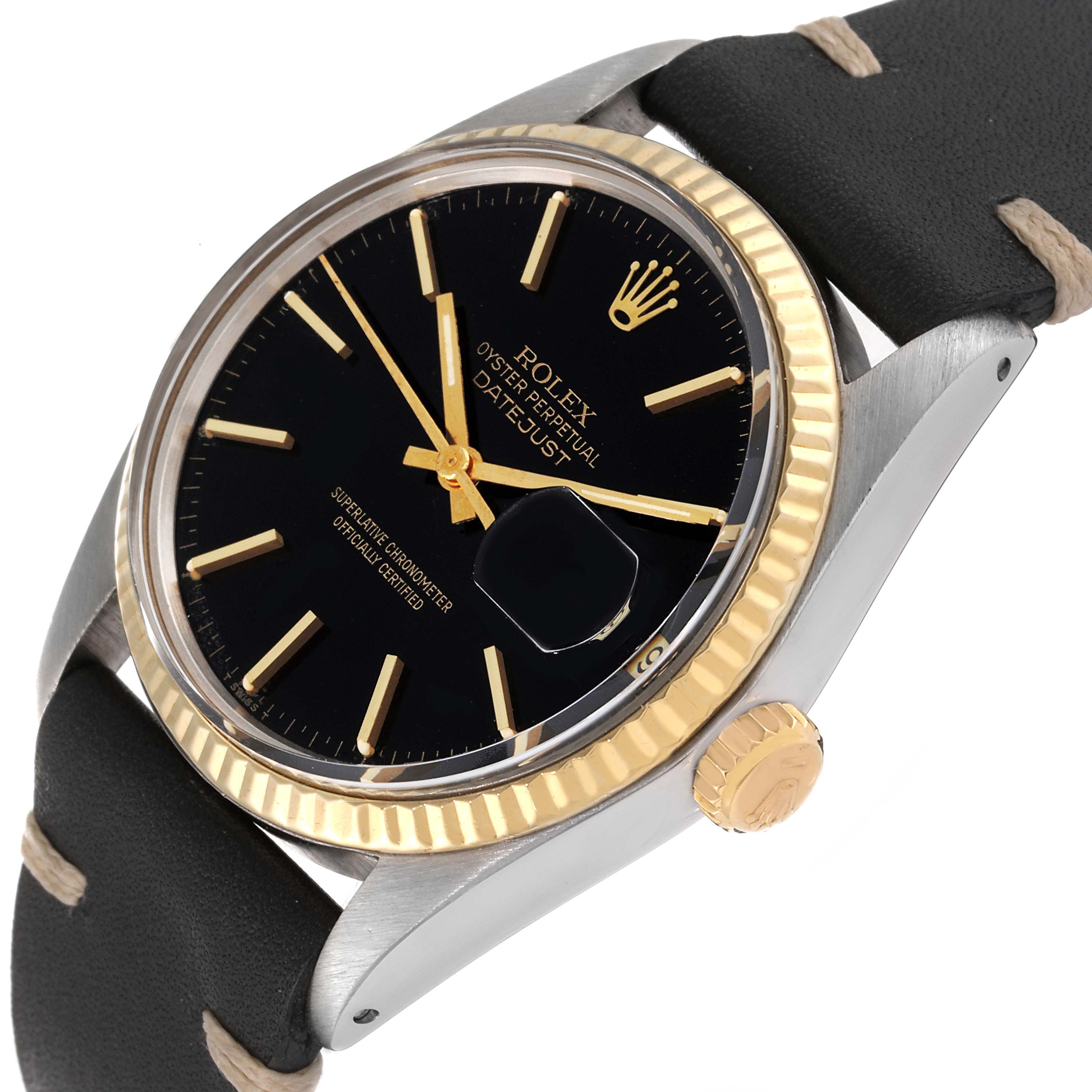 The image shows a close-up shot of the Rolex Datejust 16013 Men's Steel and Gold (two tone) Black Dial 16013 Men's Steel and Gold (two tone) Black Dial watch face, crown, and part of the strap.